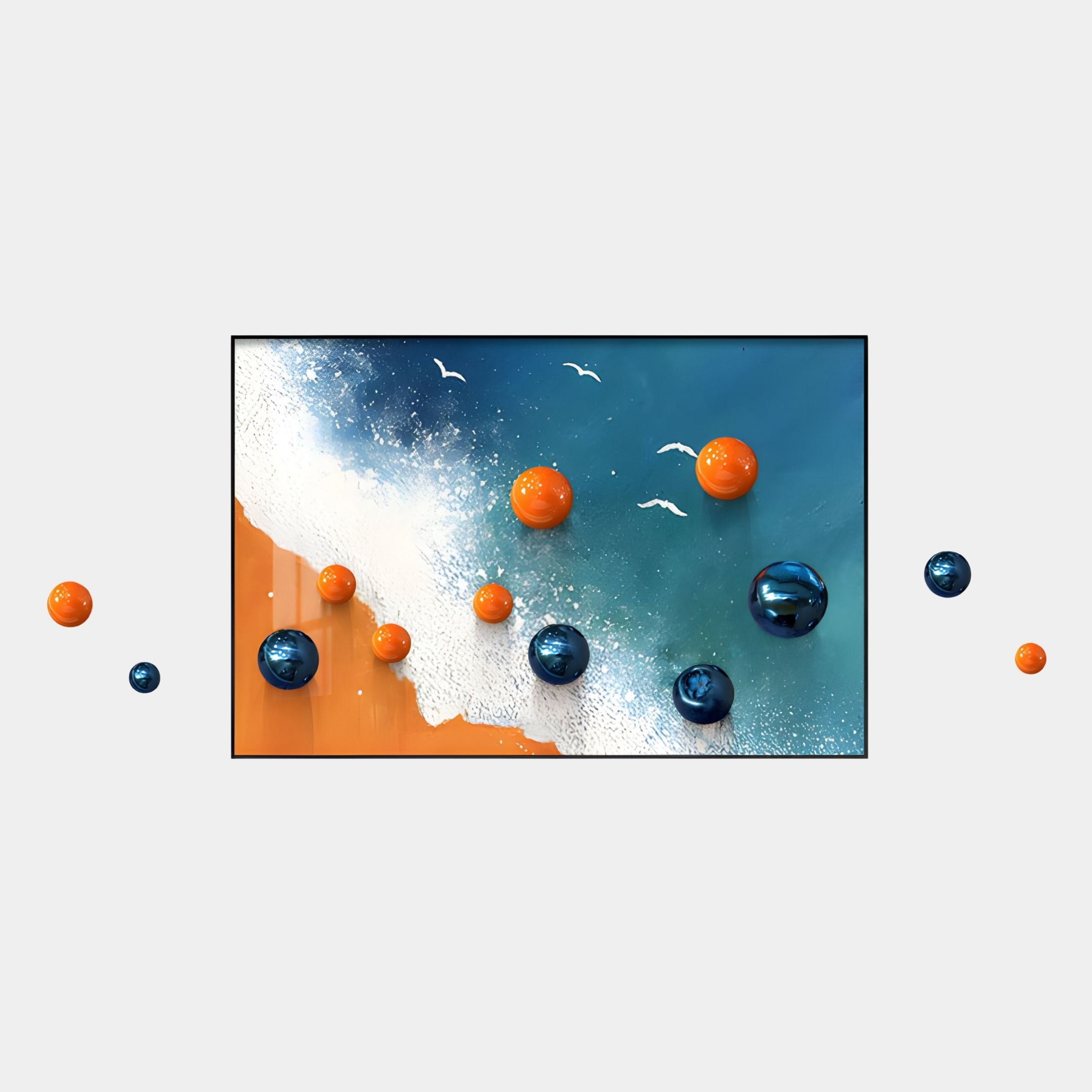 Tideborne Blue & Orange Coastal Horizontal 3D Wall Art With Metal Balls by Giant Sculptures features an abstract beach scene with blue ocean, orange sand, and seagulls, highlighted by 3D spheres and metal accents for a unique coastal look.