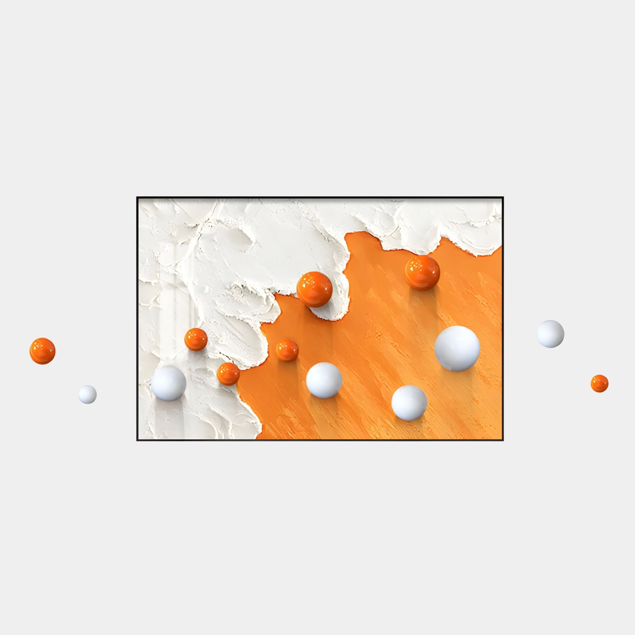 The Tideborne White & Orange Texture Horizontal 3D Wall Art With Metal Balls by Giant Sculptures features textured white and orange paint plus 3D metal spheres, set against a plain light gray background.