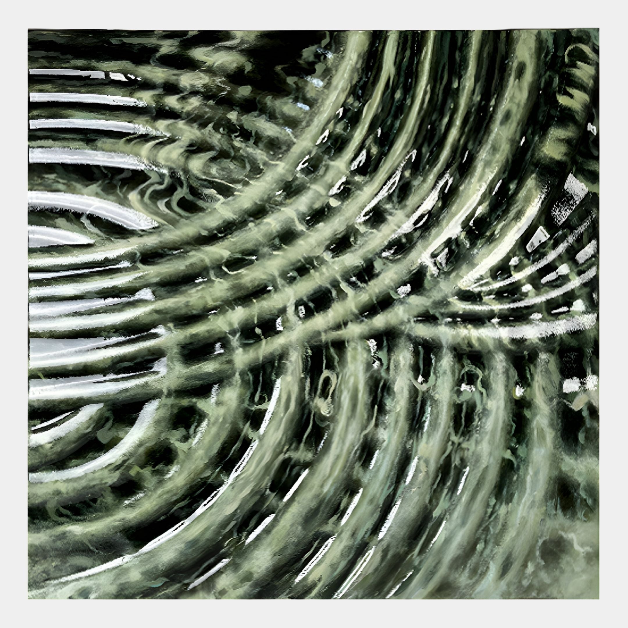 The Rillora Sage Green Ribbed Wood Carving 3D Wall Art by Giant Sculptures features overlapping curved lines and wave patterns in green and black, creating a glossy, textured look with depth and movement.