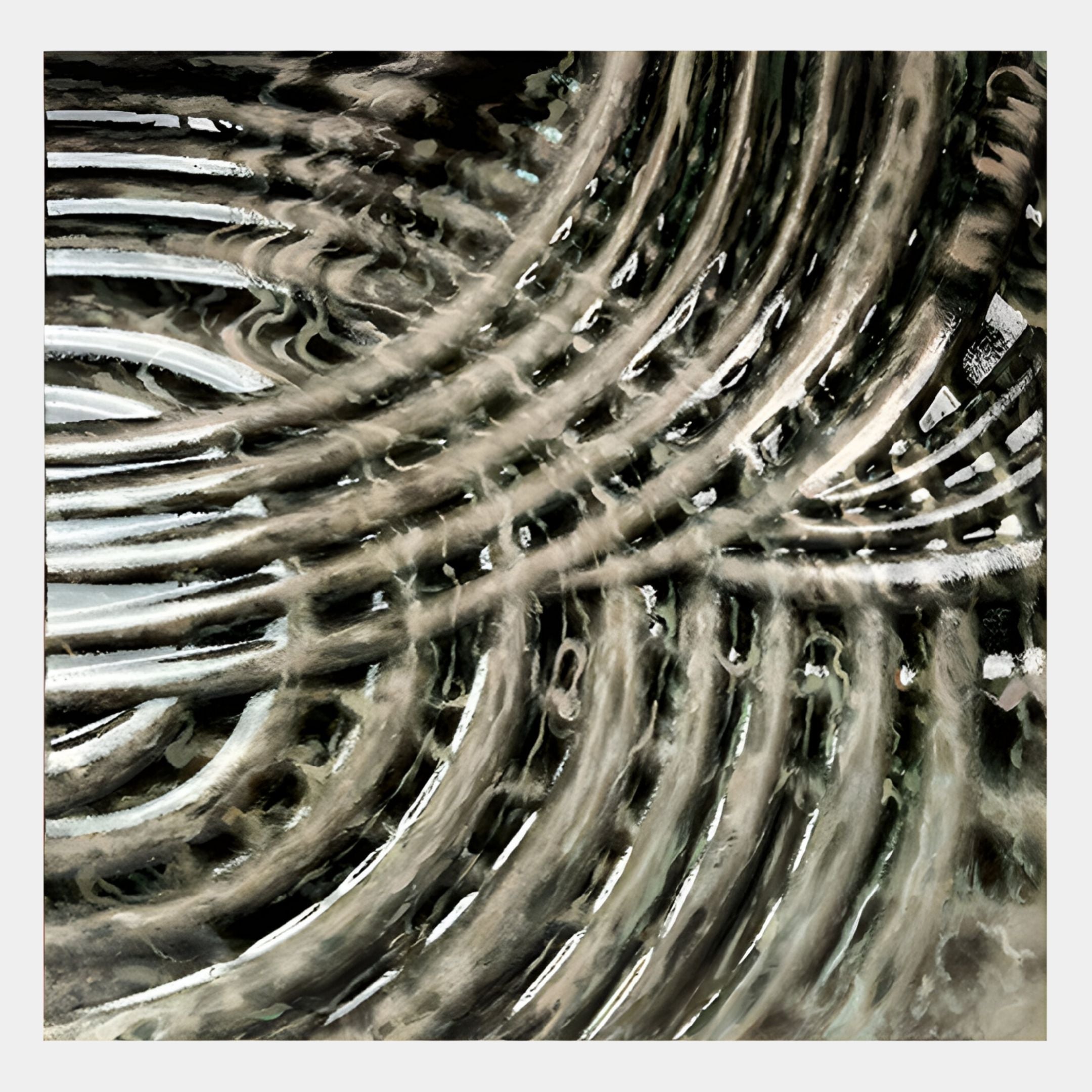 Close-up of the overlapping, curved ridges and shiny surface of the Giant Sculptures Rillora Taupe & Graphite Ribbed Wood Carving 3D Wall Art, highlighting its detailed, handcrafted look and dramatic shadows.