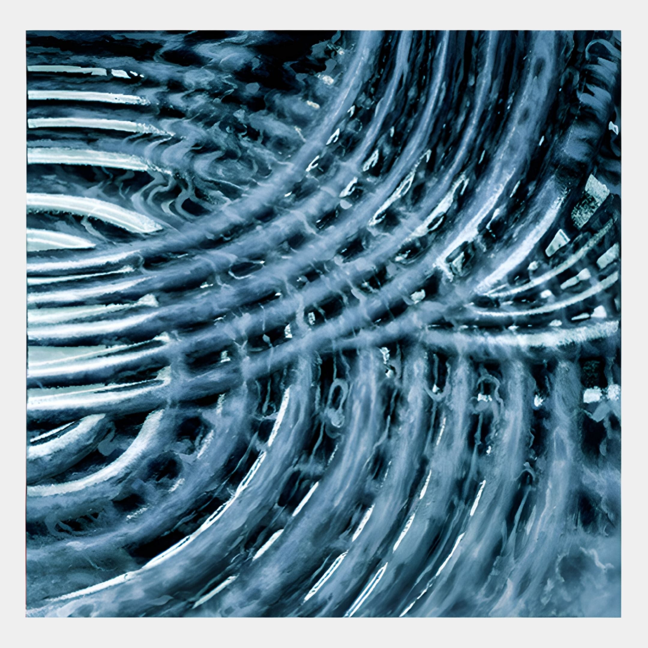 The Rillora Blue Ribbed Wood Carving 3D Wall Art by Giant Sculptures features swirling blue and white patterns, evoking the look of textured ribbed wood—an elegant, modern piece ideal for contemporary interiors.