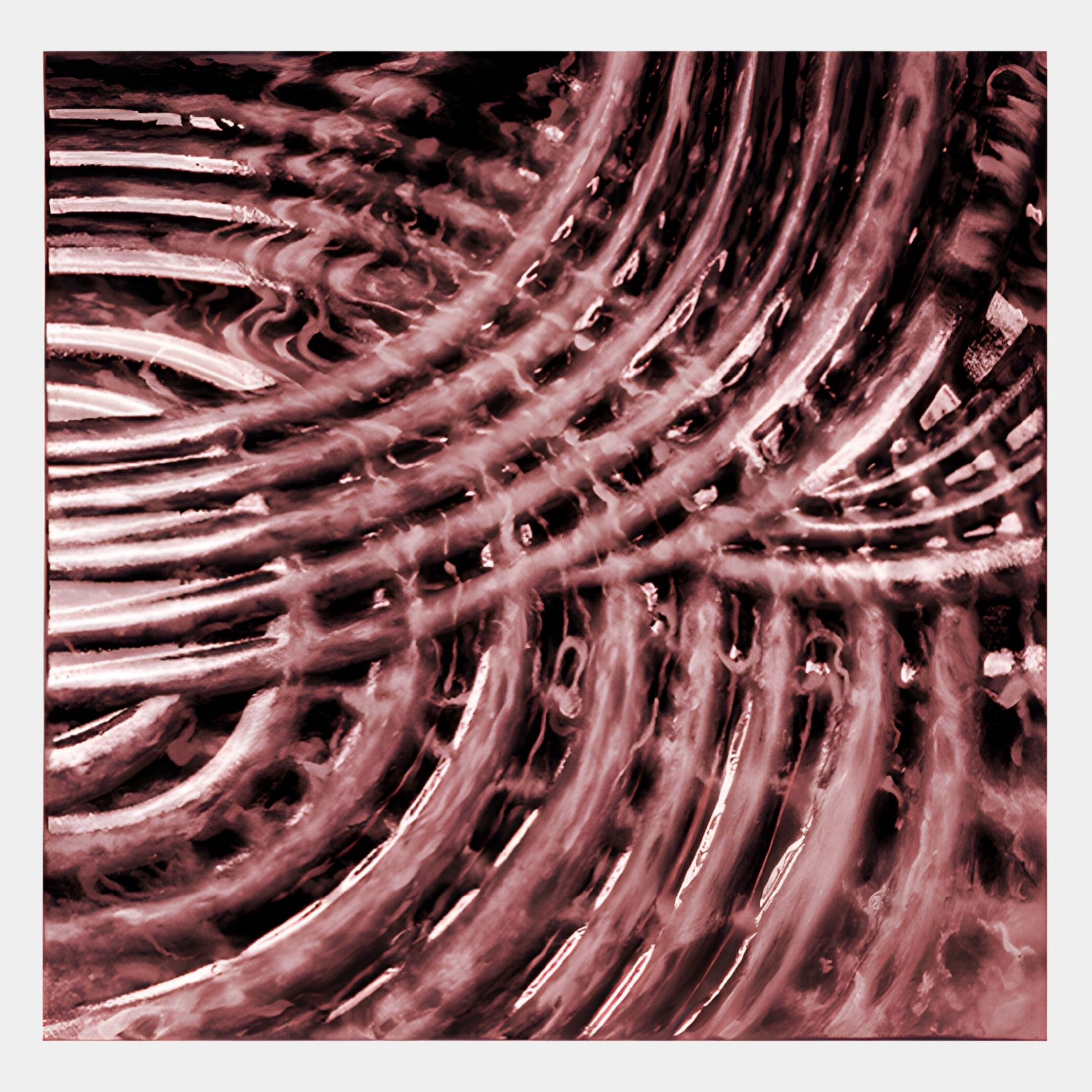 The Rillora Burgundy Ribbed Wood Carving 3D Wall Art by Giant Sculptures features wavy, intertwined lines in pink and maroon, with textured layers that create fluid movement—perfect for adding contemporary style to your space.