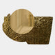 The Aurargent Round Gold Textured Mirrored Steel 3D Wall Art by Giant Sculptures features a sculptural gold design with a circular cutout, reflecting an elegant cream hallway with detailed flooring, wall moldings, and part of a console table.