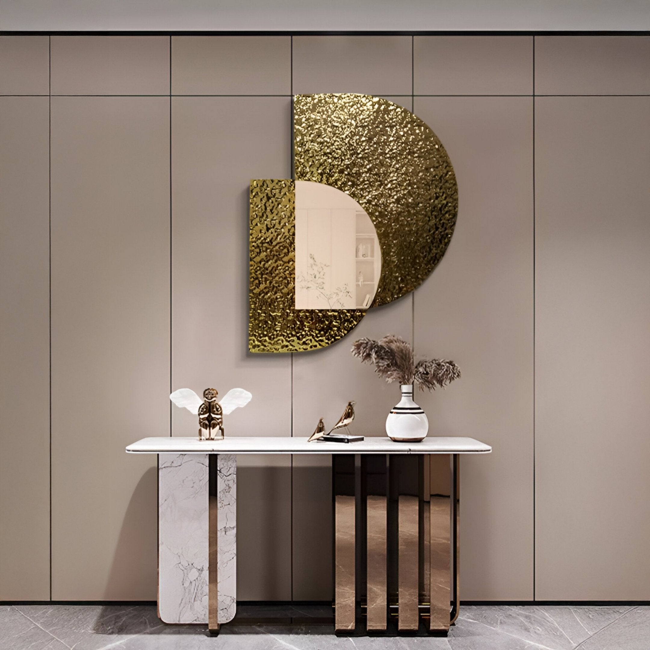 Aurargent Half-Moon Gold Textured Mirror 3D Wall Art