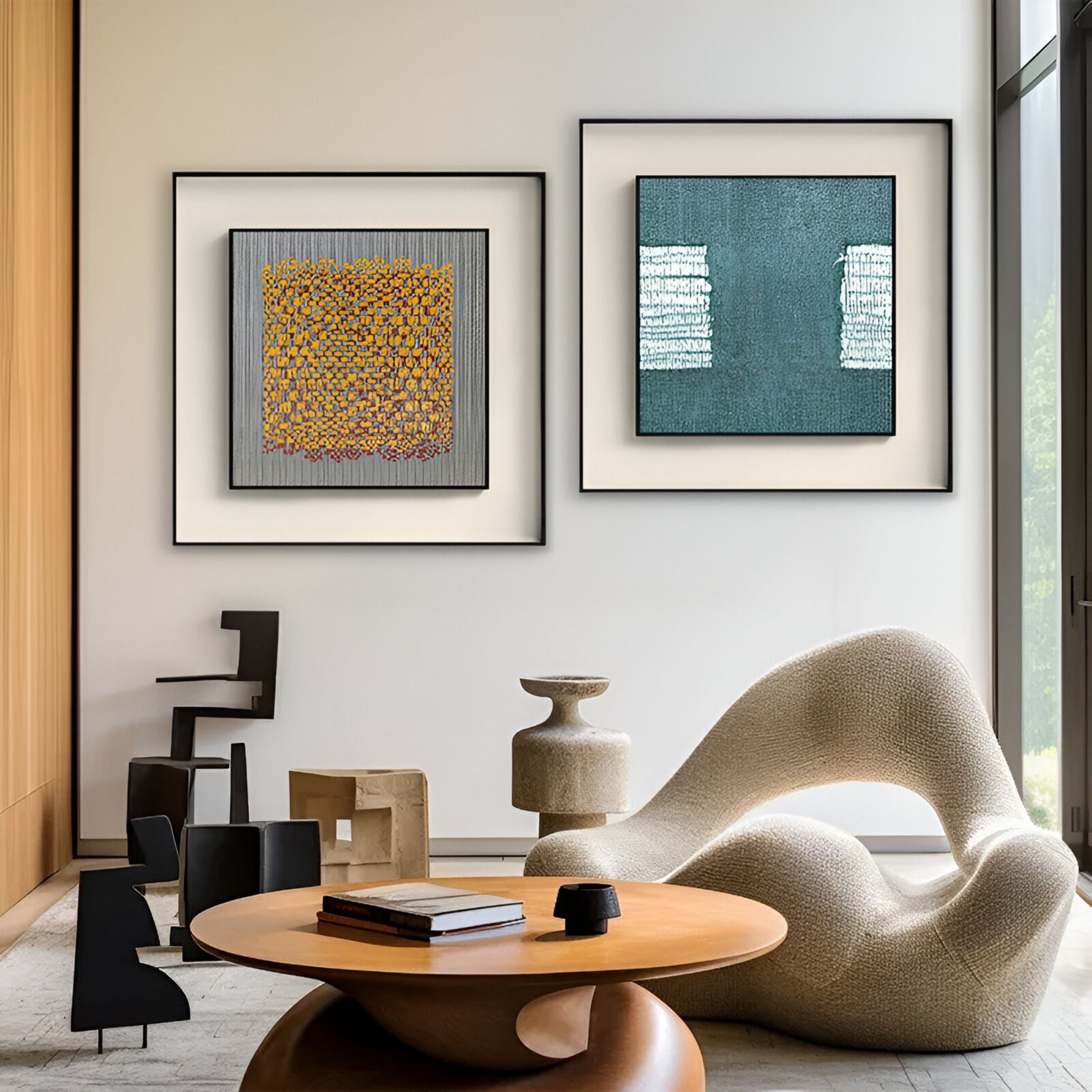 A modern living room with the Tracera Teal Block Abstract Textured Framed Wall Art by Giant Sculptures, a sculptural beige lounge chair, round wooden coffee table, geometric side tables, and floor-to-ceiling windows letting in natural light.
