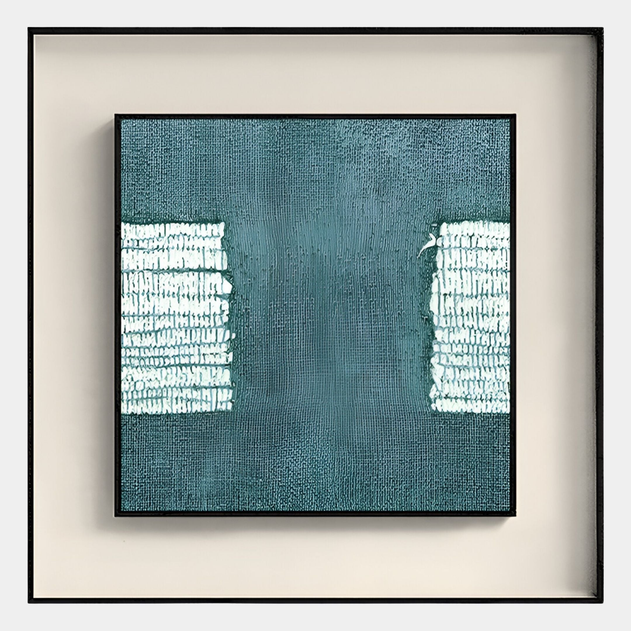 The Tracera Teal Block Abstract Textured Framed Wall Art by Giant Sculptures features hand-painted teal and white window-like shapes with a soft shadow effect, adding modern depth and dimension to any room.