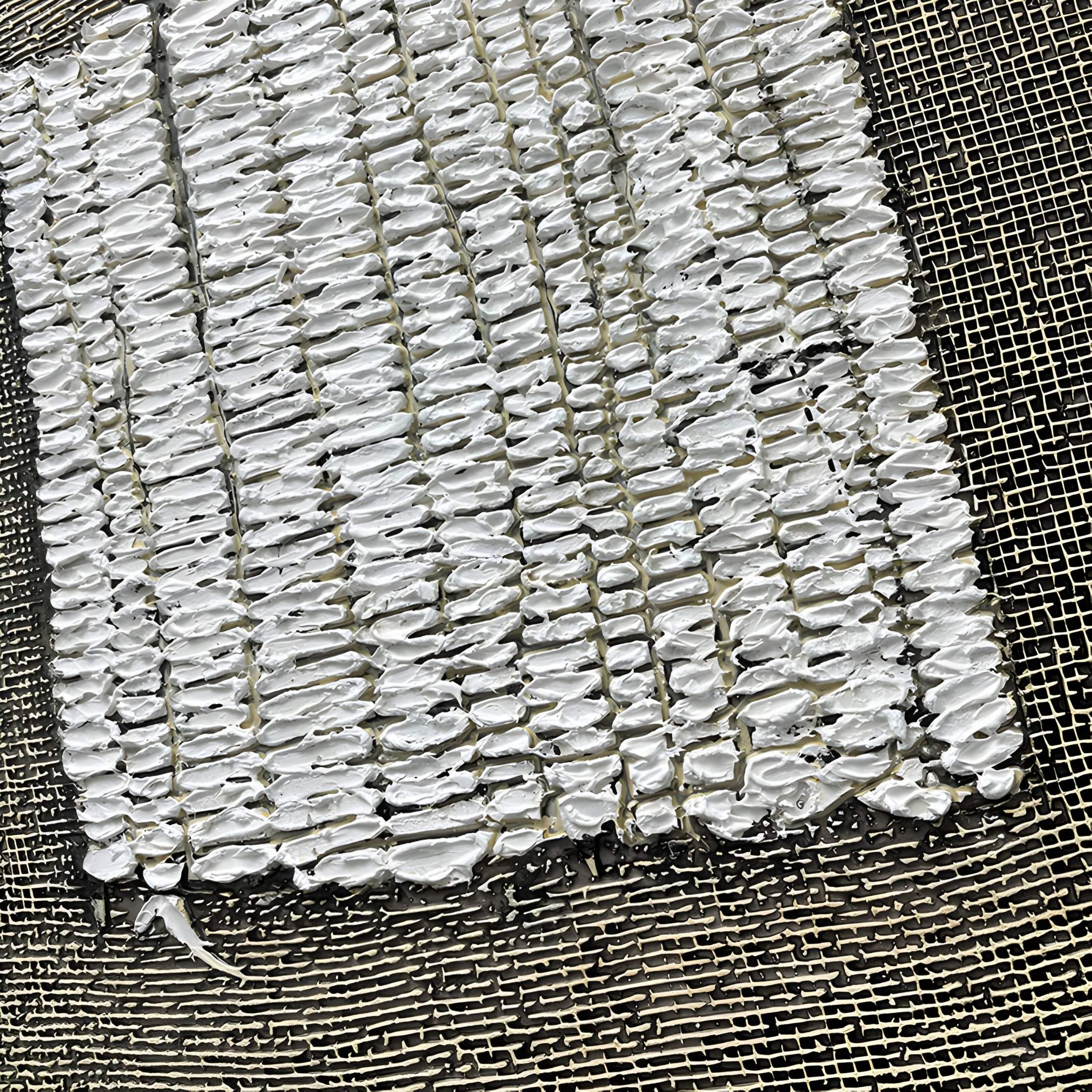 A close-up of the Tracera Stone Grey & White Textured Abstract Framed Wall Art by Giant Sculptures, featuring thick white paint in vertical rows over a grid for added depth—an ideal choice for modern minimalist decor.