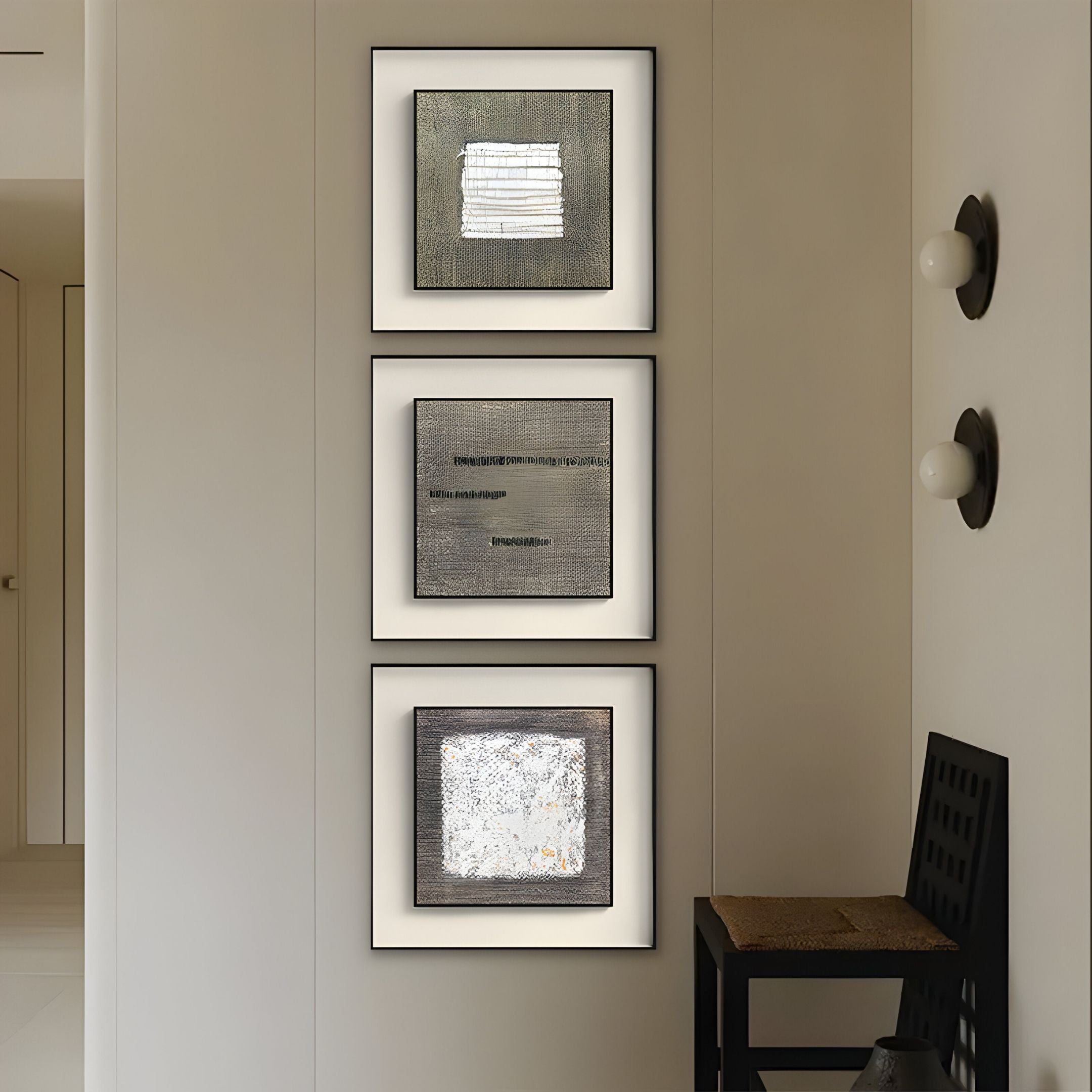 Three Tracera Stone Grey & White Textured Abstract Framed Wall Art pieces by Giant Sculptures are mounted vertically above a black woven chair, adding striking modern minimalist decor to a bright, minimal hallway.