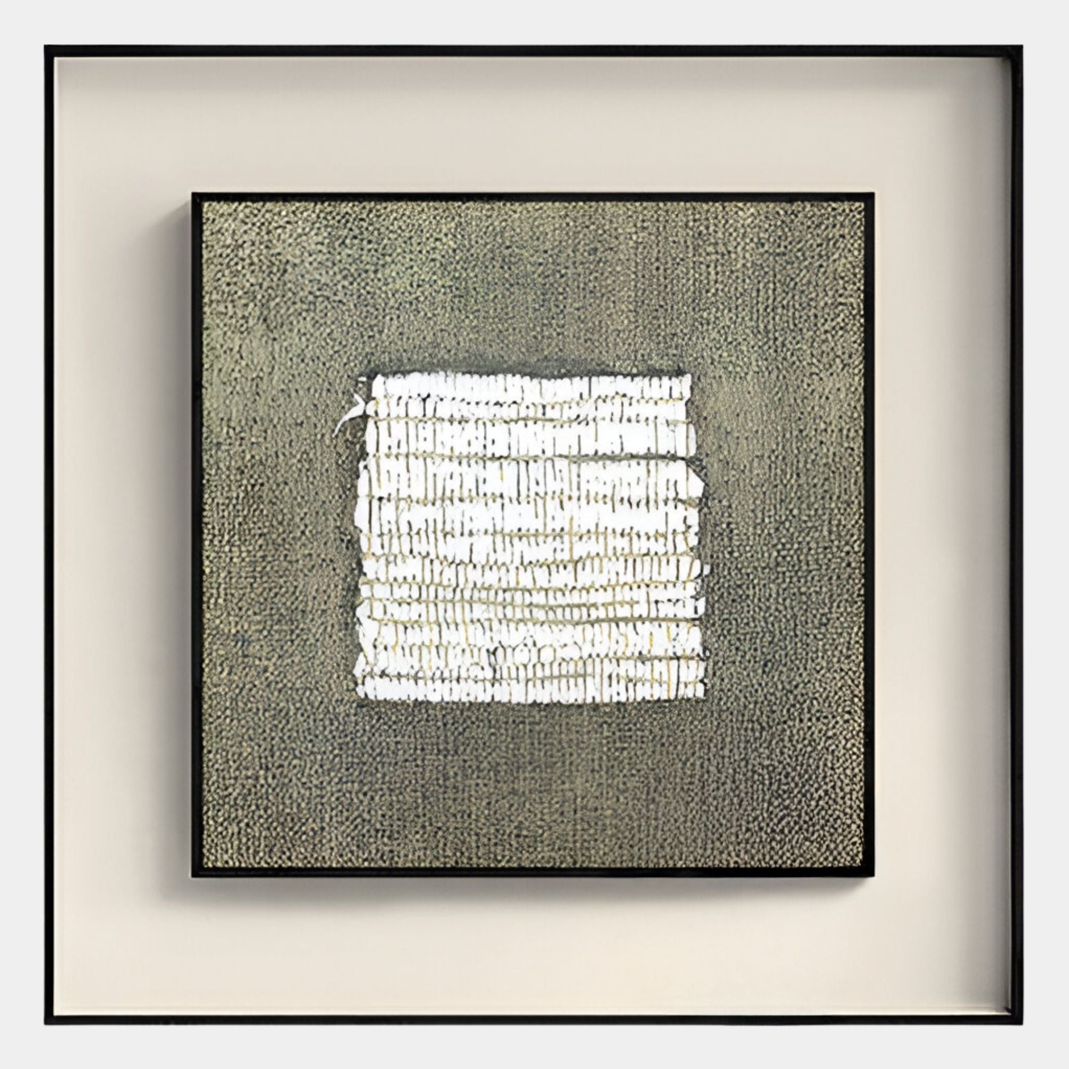 The Tracera Stone Grey & White Textured Abstract Framed Wall Art by Giant Sculptures features an irregular white grid on a dotted stone grey backdrop, stylishly matted in white and framed in black for a modern minimalist look.