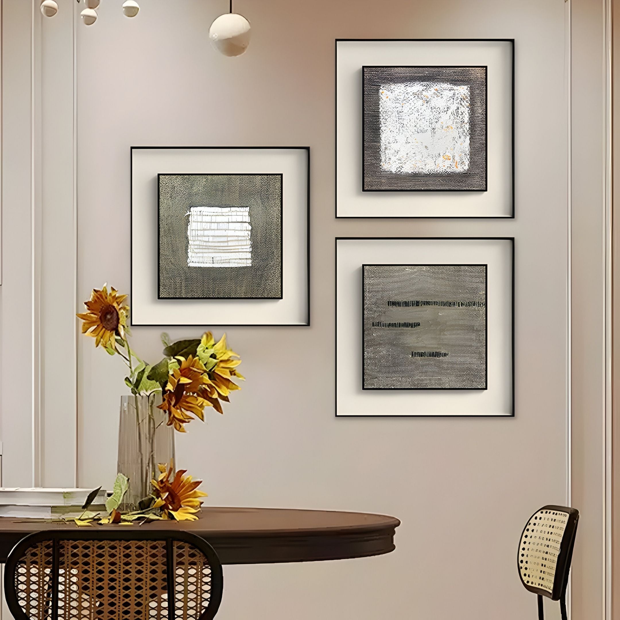 A dining area featuring a round table, sunflowers in a glass vase, a woven chair, and three Giant Sculptures Tracera Stone Grey Line Textured Abstract Framed Wall Art pieces displayed on a light-colored wall.