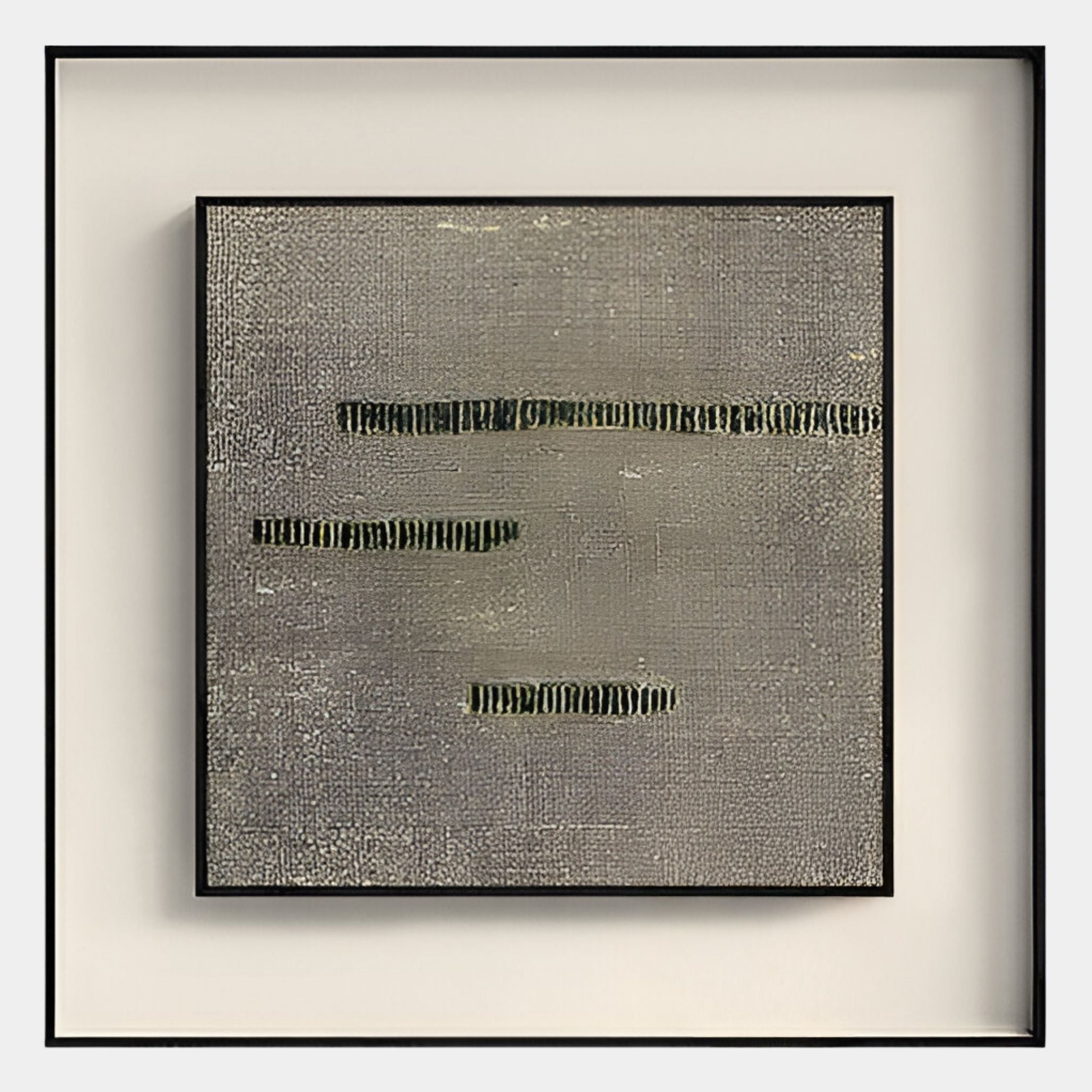 The Tracera Stone Grey Line Textured Abstract Framed Wall Art by Giant Sculptures features a stone grey backdrop with rows of black lines, adding wabi-sabi style to any room. Presented in a shadow box frame for modern appeal.