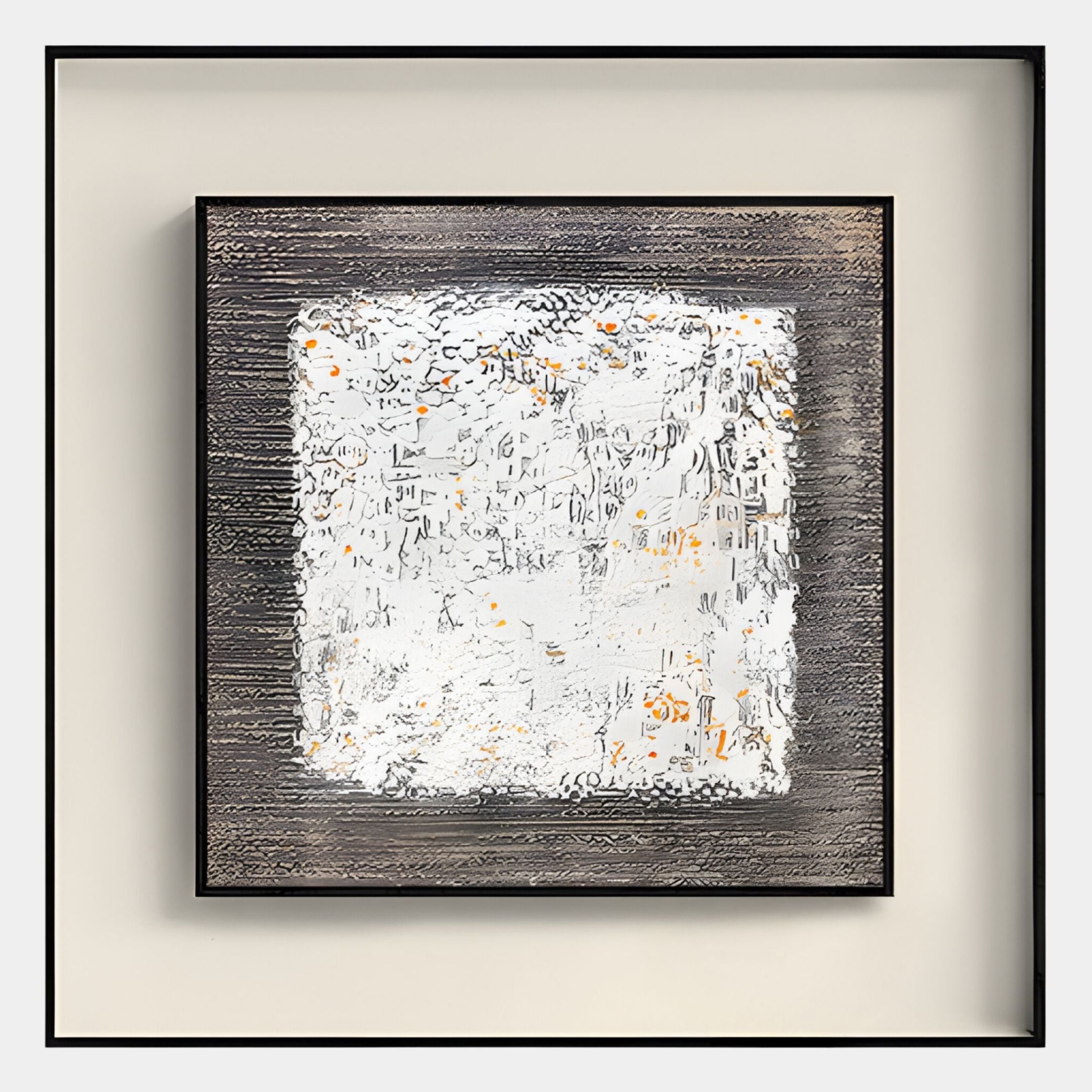 The Tracera White Distressed Block Abstract Textured Framed Wall Art by Giant Sculptures features a textured dark border, reflective white center, and gold accents in a black frame—ideal for wabi-sabi decor on light walls.