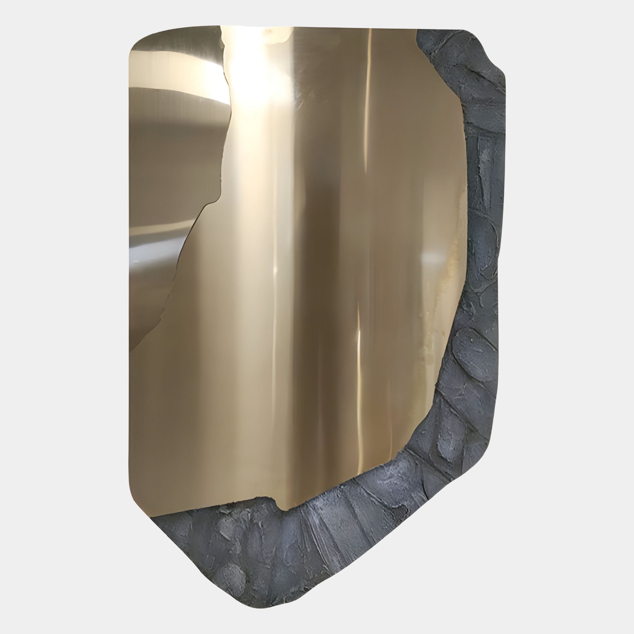 The Gildrift Gold Steel & Slate Grey Edge Textured 3D Wall Art by Giant Sculptures features an abstract, organic shape with a reflective gold steel side and a textured slate grey edge, perfect as modern wall decor.