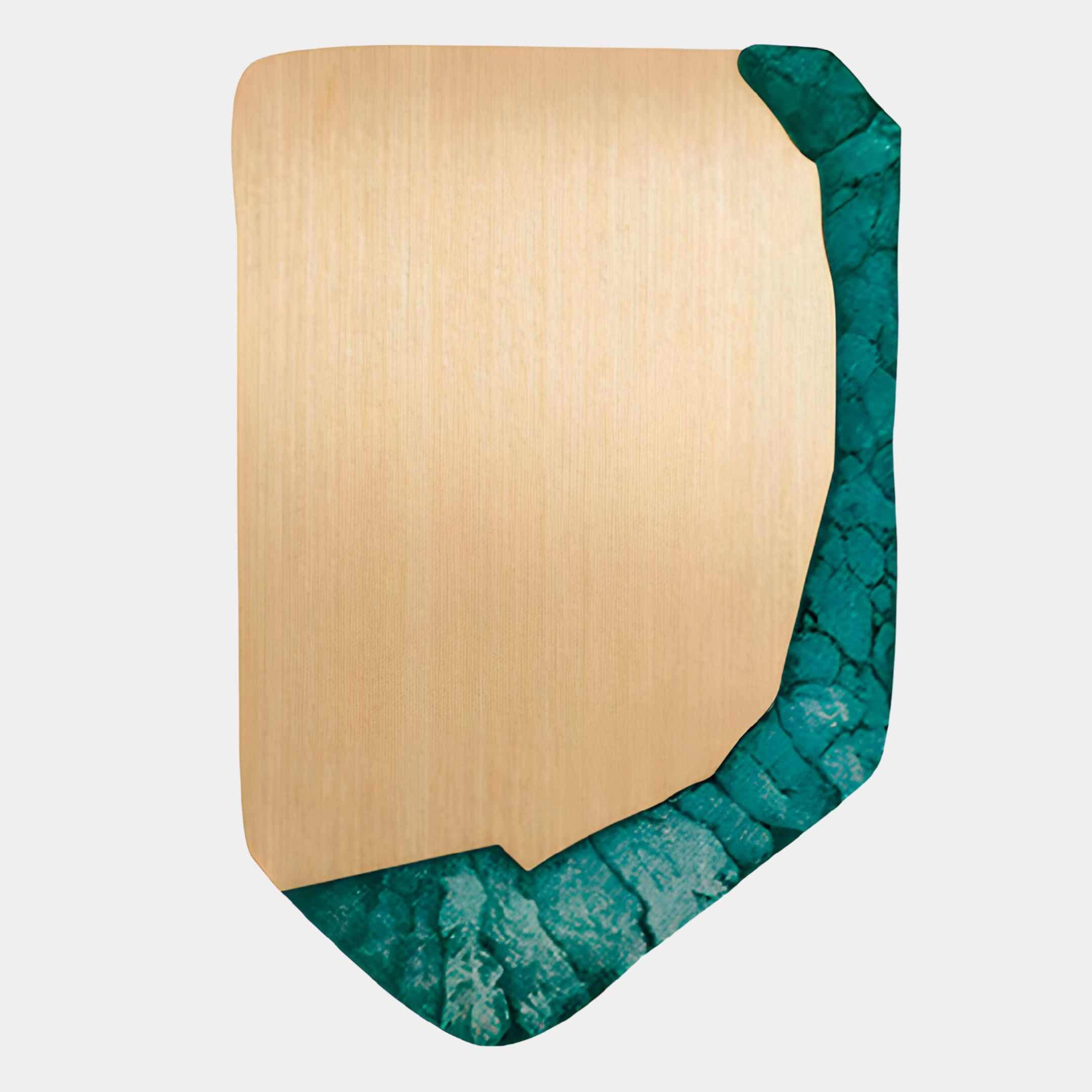 The Gildrift Gold Steel & Emerald Stone Edge Textured 3D Wall Art by Giant Sculptures features a shield shape with a brushed gold center and irregular textured teal border, evoking modern elegance against any plain white wall.