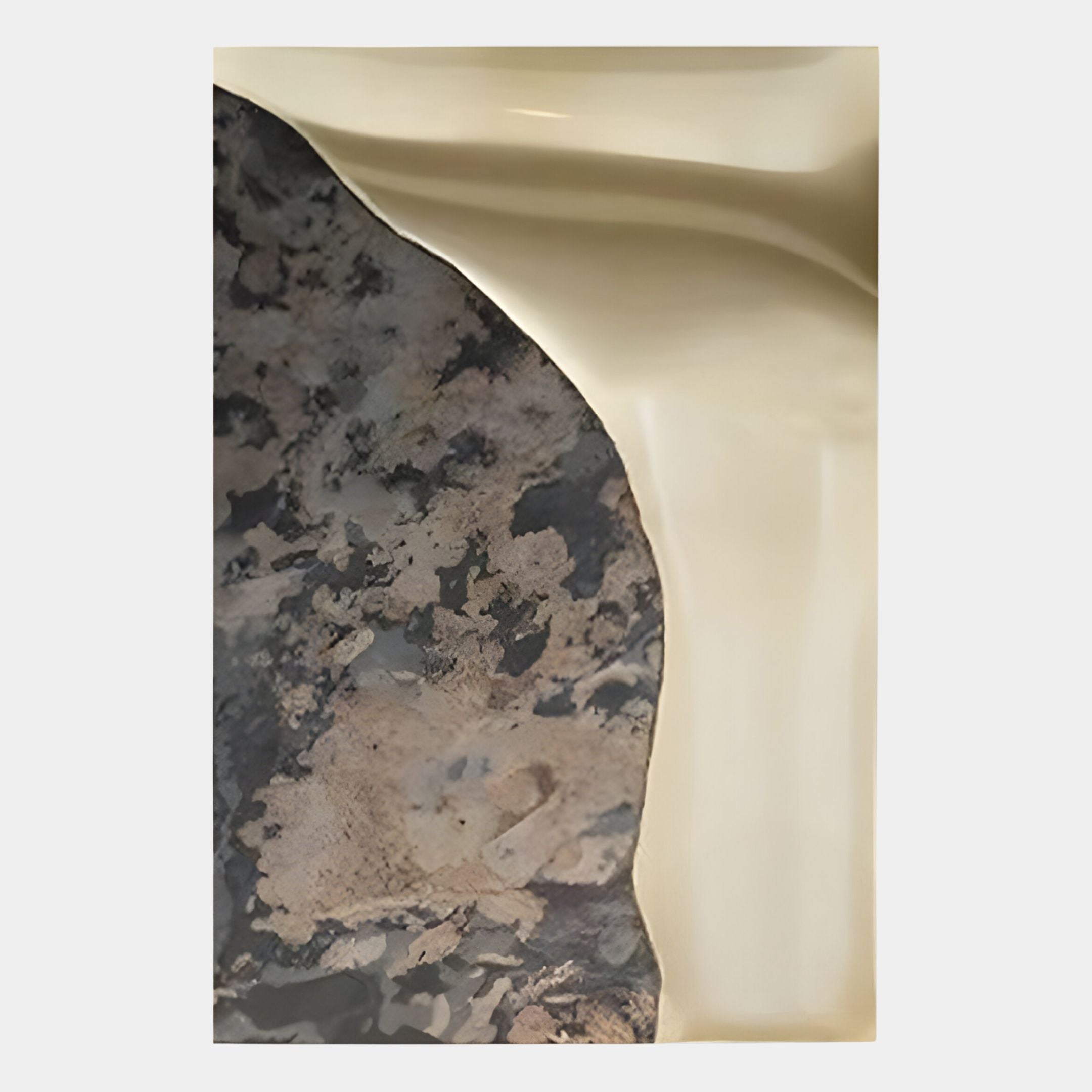 Gildrift Gold Steel & Ivory-Granite Curve Textured 3D Wall Art by Giant Sculptures features a smooth beige and dark marbled surface, divided by a curving line—modern luxury inspiration for striking wall decor.