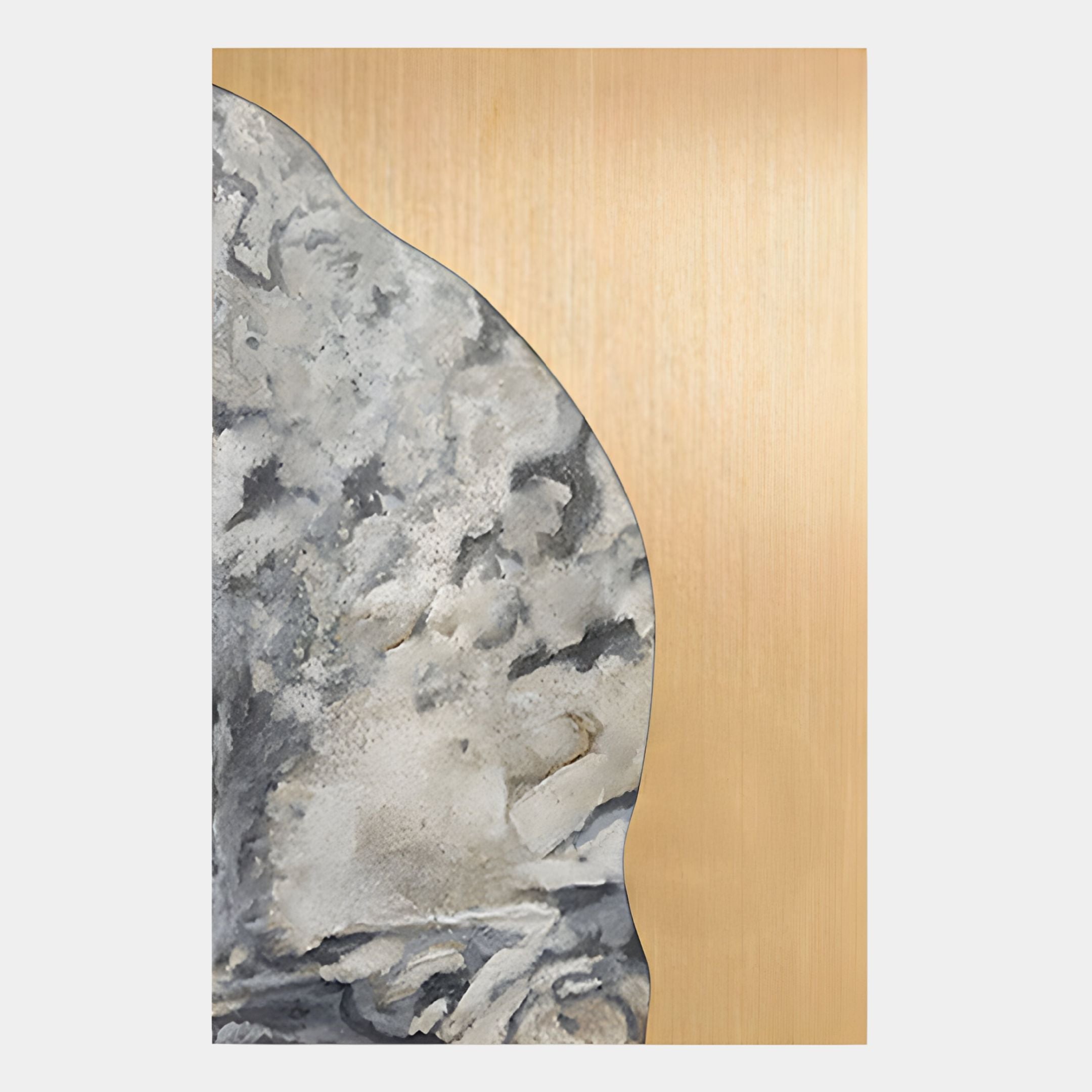 The Gildrift Gold Steel & Stone Grey Curve Textured 3D Wall Art by Giant Sculptures features wavy gray marble on one side and vertical metallic gold on the other—ideal contemporary decor or a bold accent for modern interiors.