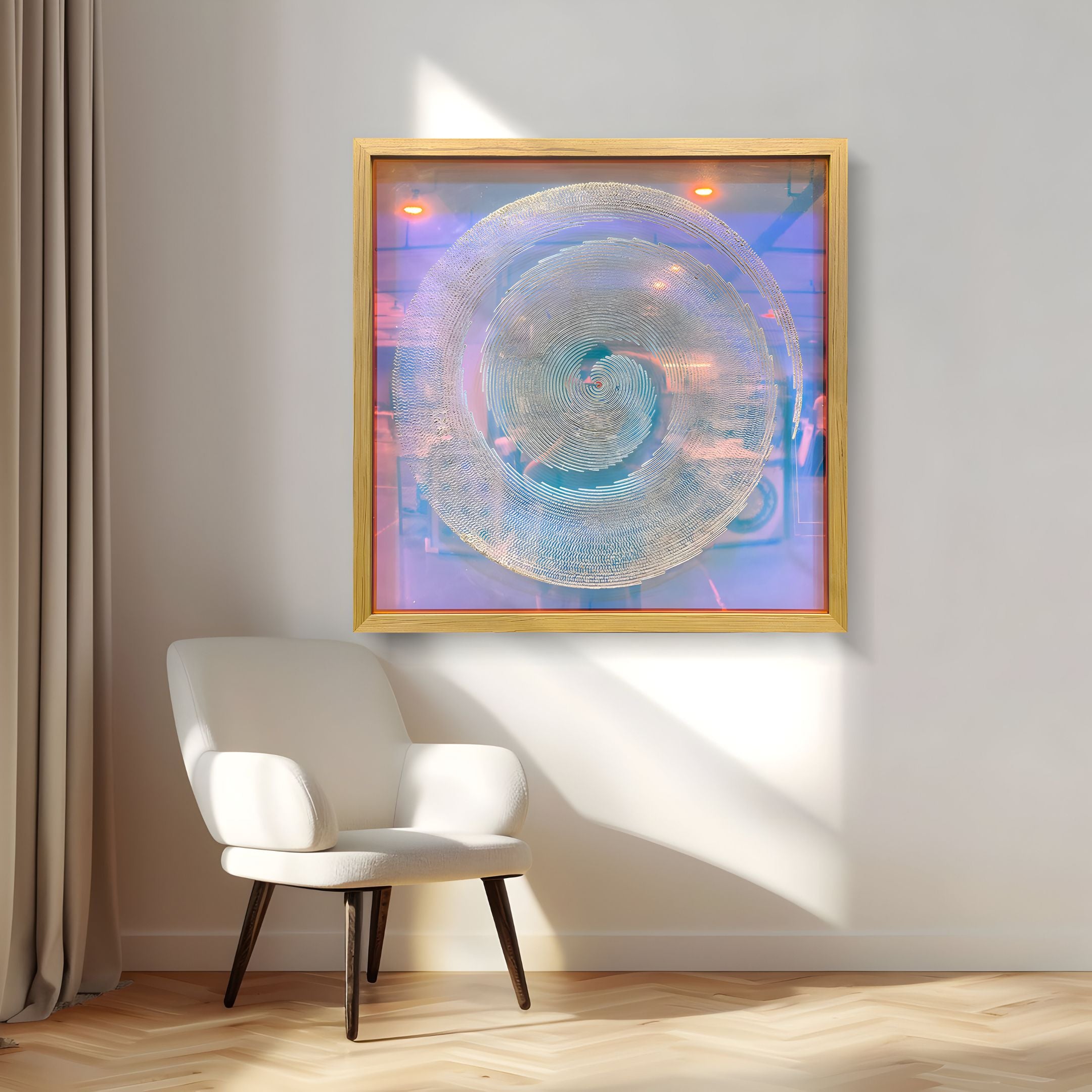 A white armchair sits by a window with beige curtains. Above it, the Giant Sculptures Halochrom Iridescent Spiral Texture Relief 3D Wall Art in cool blue and purple tones hangs on a light wall, illuminated by sunlight.