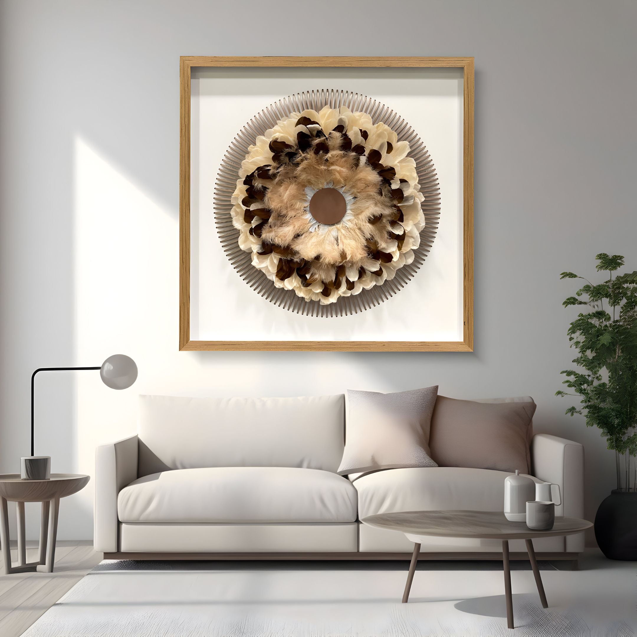 A modern living room features a white sofa, round coffee table, potted plant, floor lamp, and the Giant Sculptures Quillara Cream & Mocha Feather Halo 3D Wall Art above the sofa. Natural light enhances this stylish contemporary space.