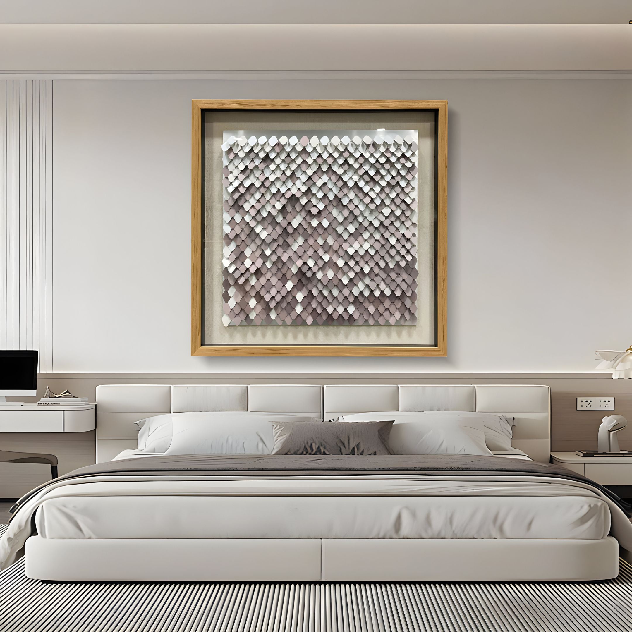 A modern bedroom with a white bed, beige headboard, and minimalist decor features the Tessora White & Blush Scale Mosaic Metal 3D Wall Art by Giant Sculptures above the bed—adding striking geometric dimension and metallic elegance to the space.