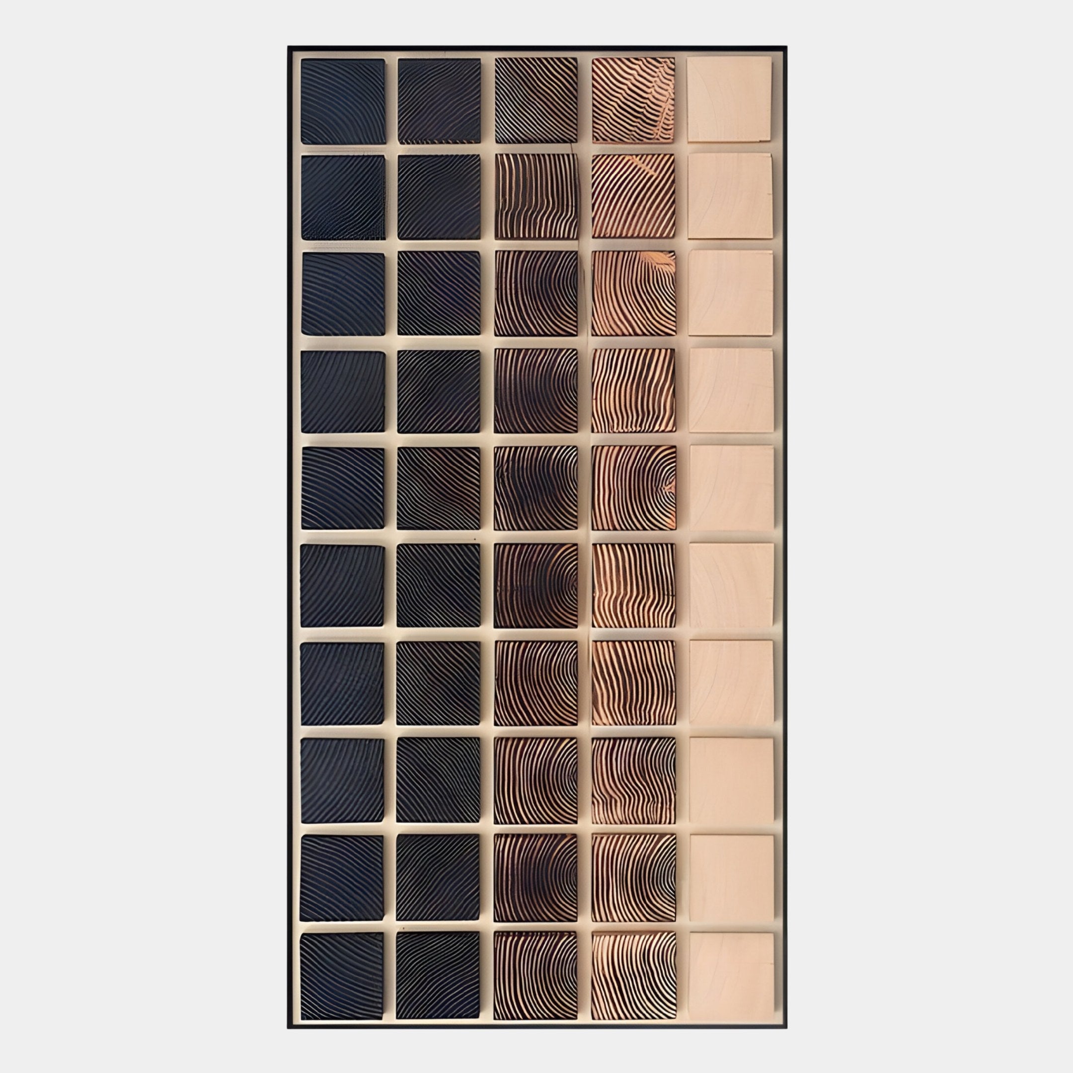 The Quadrelle Midnight & Sand Grid Geometric 3D Wall Art by Giant Sculptures features 40 square tiles in an 8x5 grid, transitioning from dark textured tiles to light smooth ones, with wavy patterns at the center.