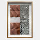 The Crushline Terracotta & Silver Ripple Textured Metal 3D Wall Art by Giant Sculptures features reddish-brown geometric textures and reflective silver metallic ripples, vertically divided in a light wood frame.