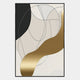 Aurista Gold Wave & Black Curve Cotton Spray Wall Art by Giant Sculptures features overlapping black, white, and beige shapes with thin curved lines and a striking gold wave diagonally crossing the abstract composition.