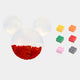 The Blockform Mickey Capsule Acrylic 3D Wall Art by Giant Sculptures, shaped like Mickey Mouse’s head and partially filled with red toy bricks, sits beside six Lego-inspired bricks in orange, yellow, green, light pink, red, and gray.