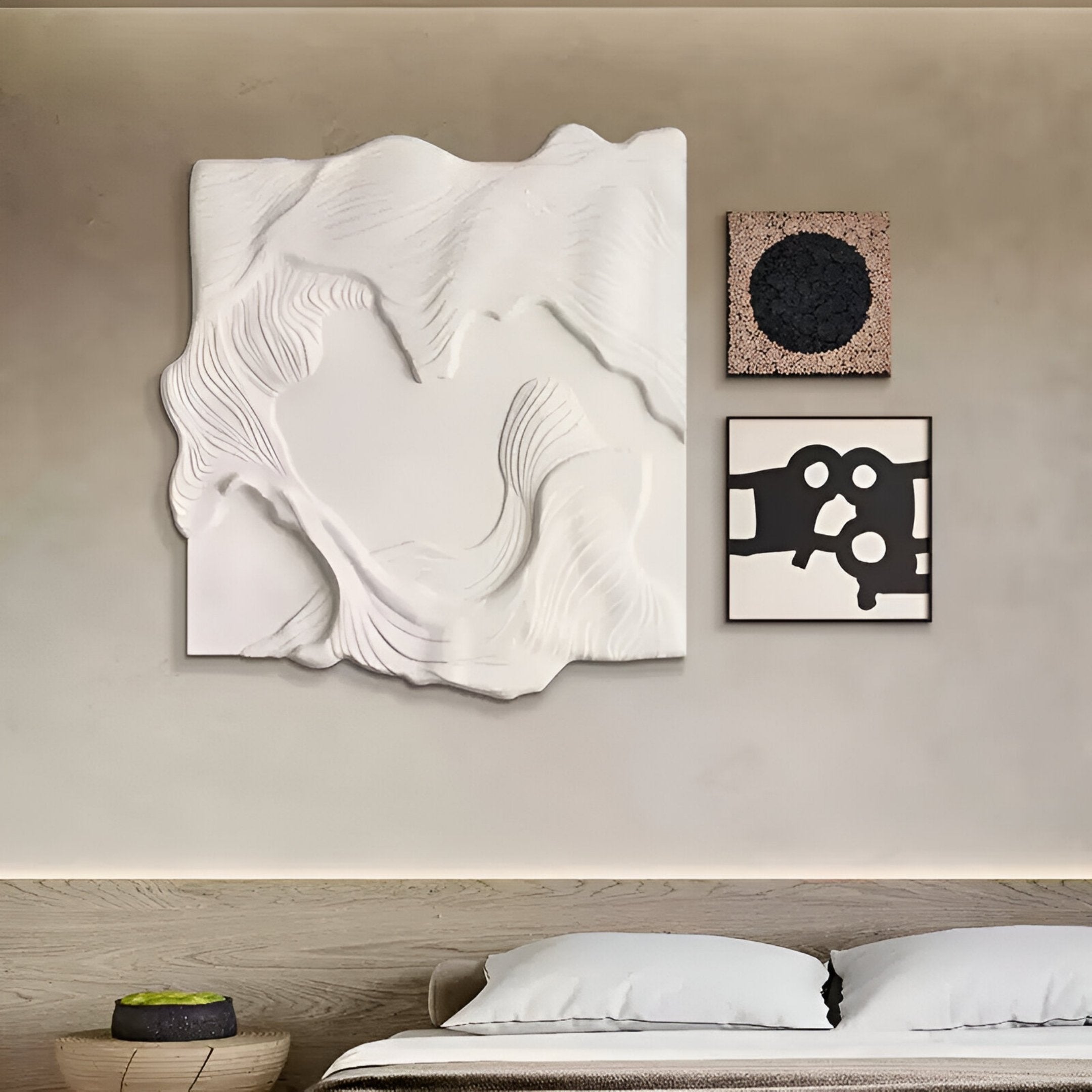 Serava 3-Set Cream & Black Abstract 3D Relief Wall Art