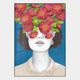 The Cavoya Bloom Portrait Figurative Crystal Porcelain Wall Art by Giant Sculptures features a grayscale woman with short dark hair and sunglasses, vibrant pink flowers, green leaves, and a blue background.