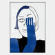 The Cavoya Blue Gaze Figurative Crystal Porcelain Wall Art by Giant Sculptures features a minimalist black-outlined face with a blue hand over one eye, ideal for modern interiors seeking bold, contemporary accents.