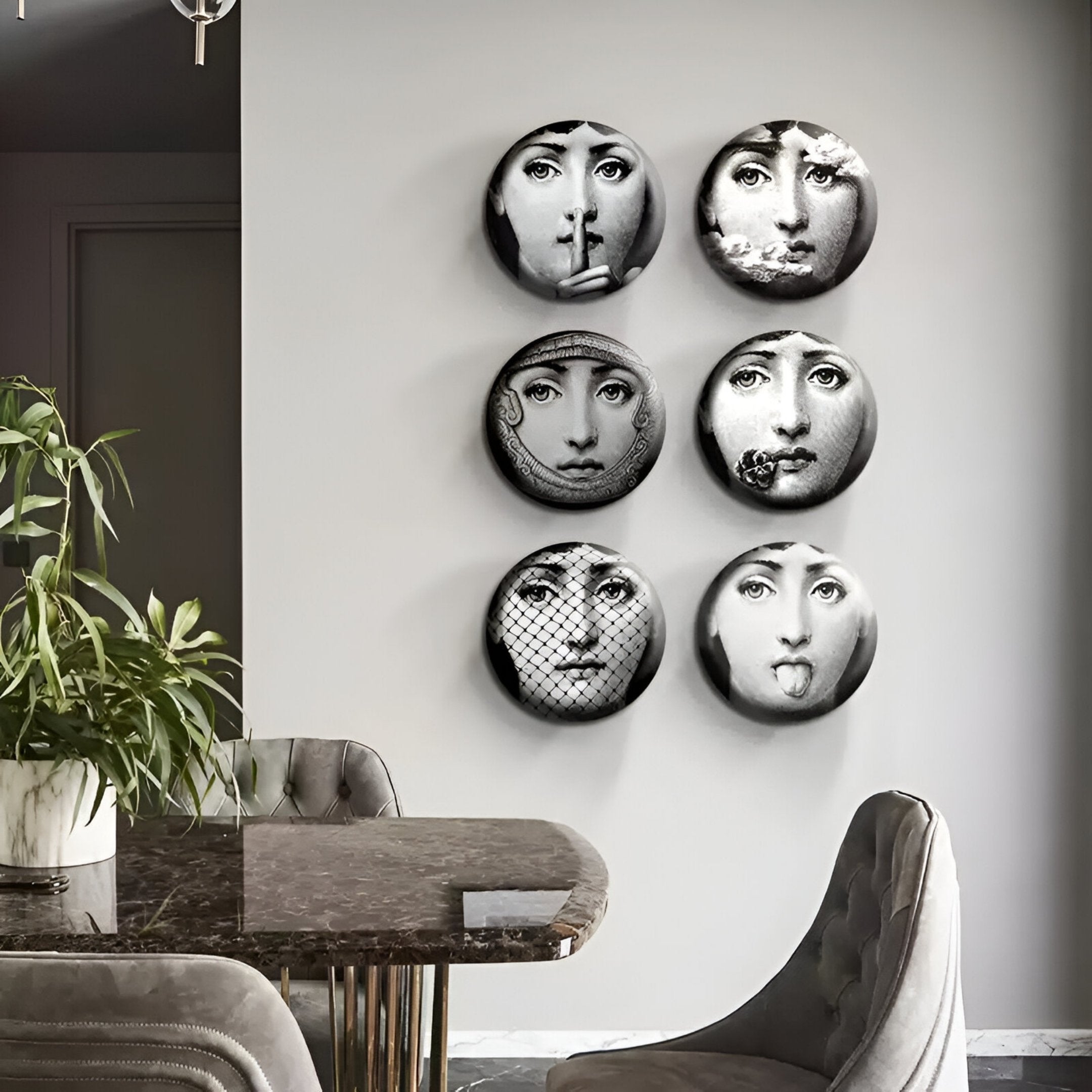 Lunoria Surreal Face 6-Set Round Wood Embossed Wall Art