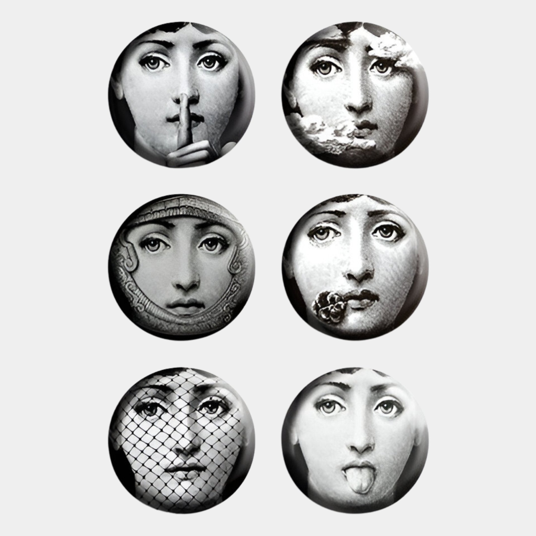 Lunoria Surreal Face 6-Set Round Wood Embossed Wall Art