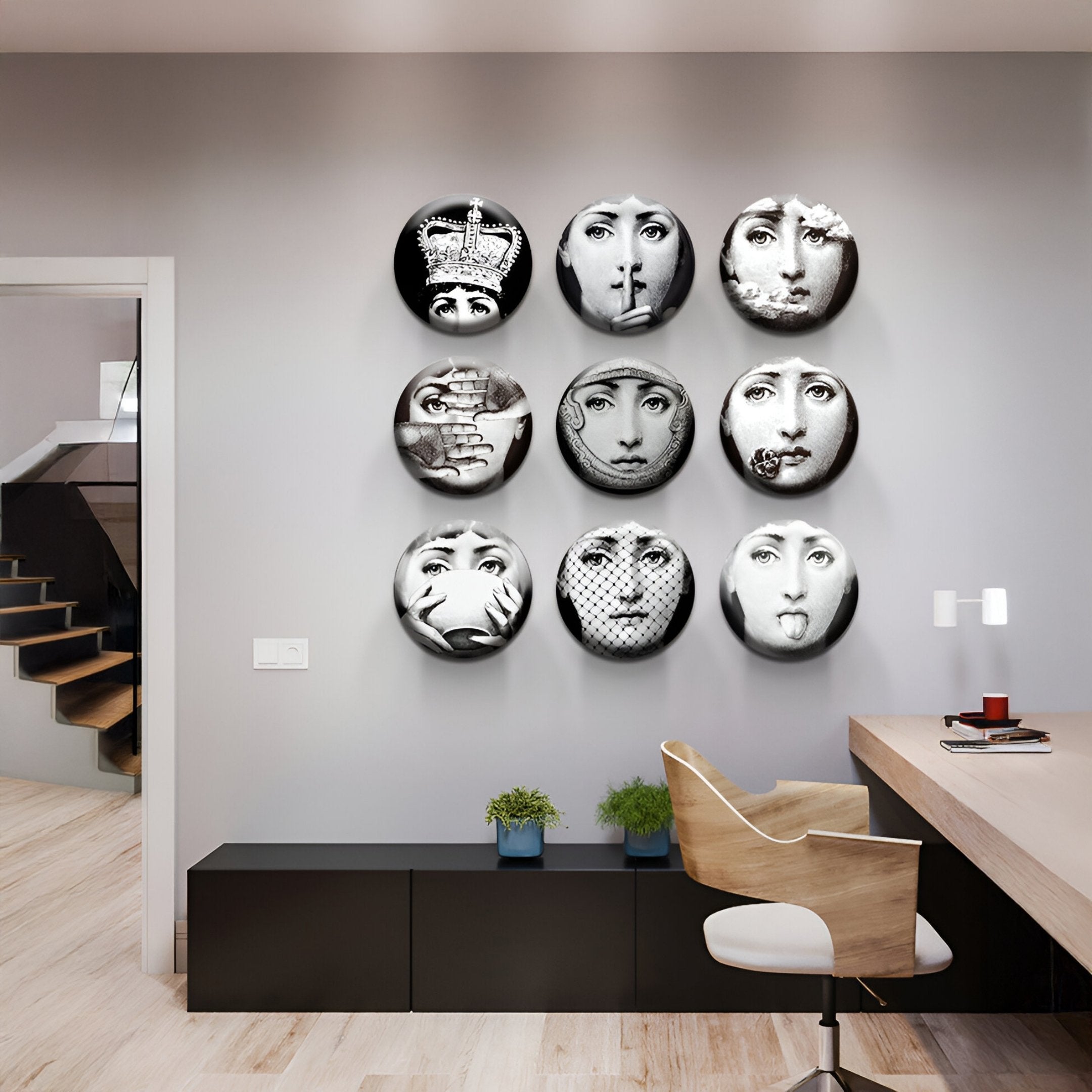 Lunoria Surreal Face 9-Set Round Wood Embossed Wall Art