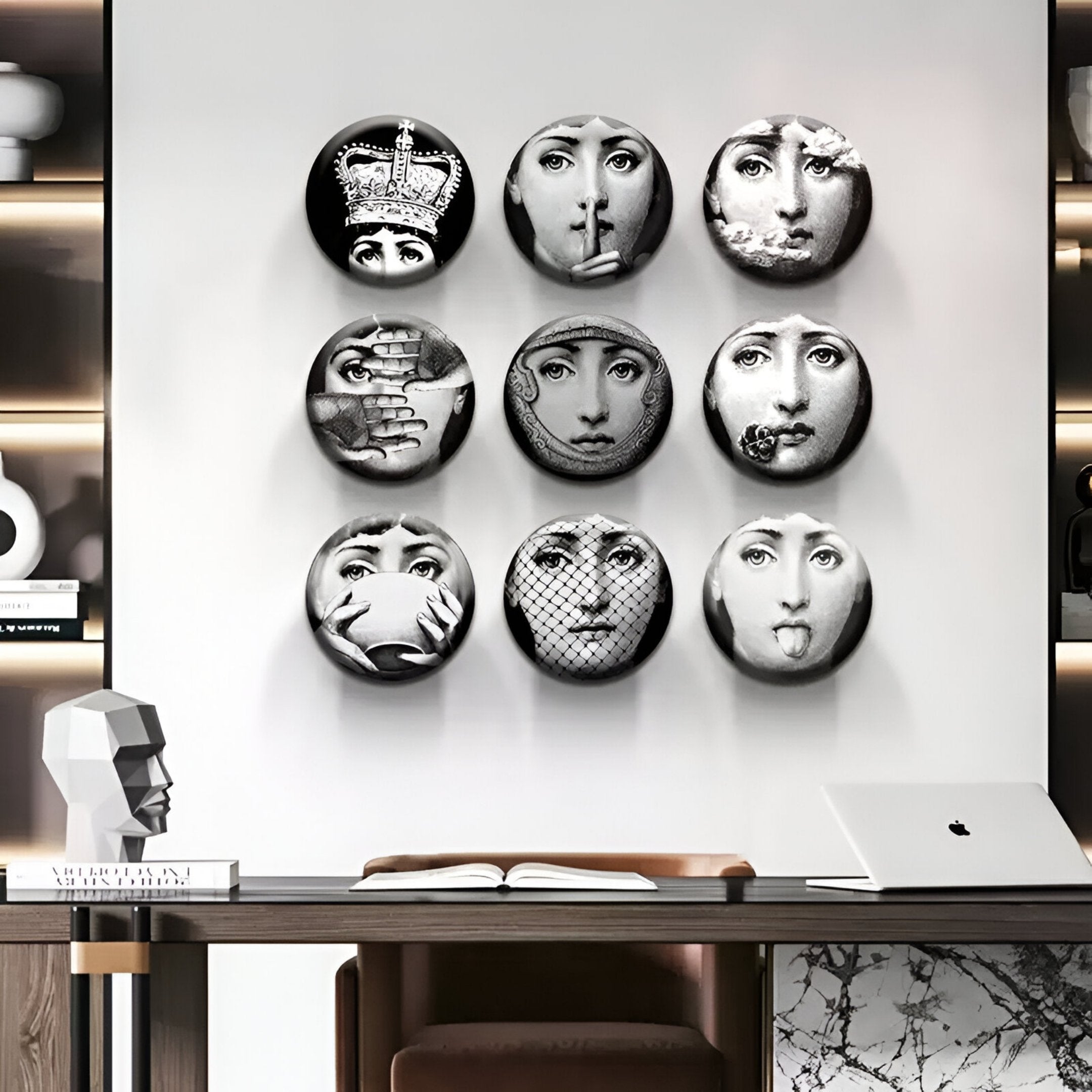 Lunoria Surreal Face 9-Set Round Wood Embossed Wall Art