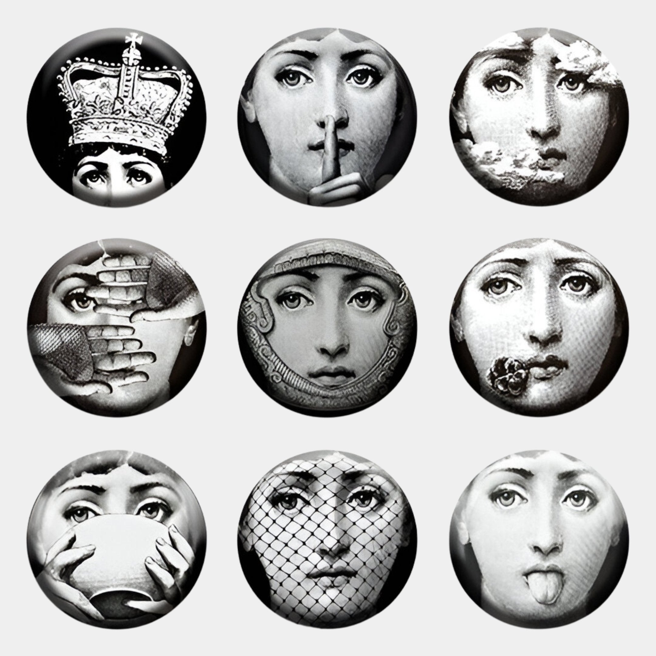 Lunoria Surreal Face 9-Set Round Wood Embossed Wall Art