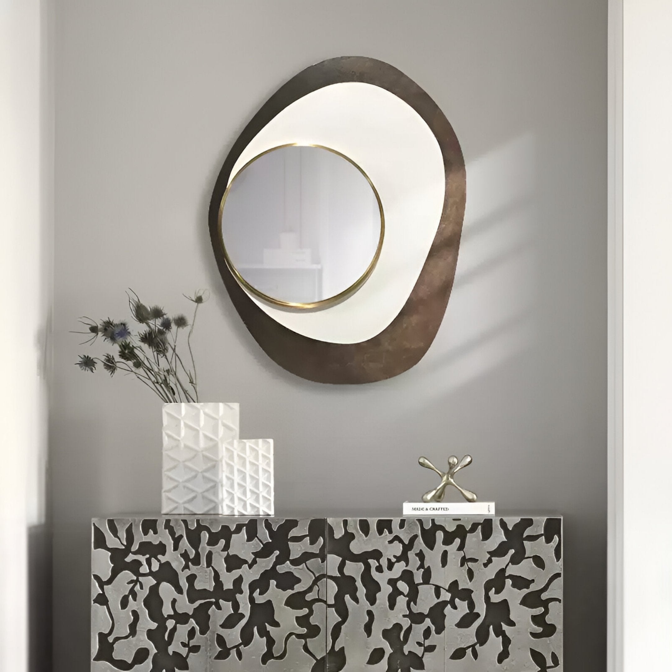 Orrana Bronze & White Organic Round Mirror 3D Wall Art