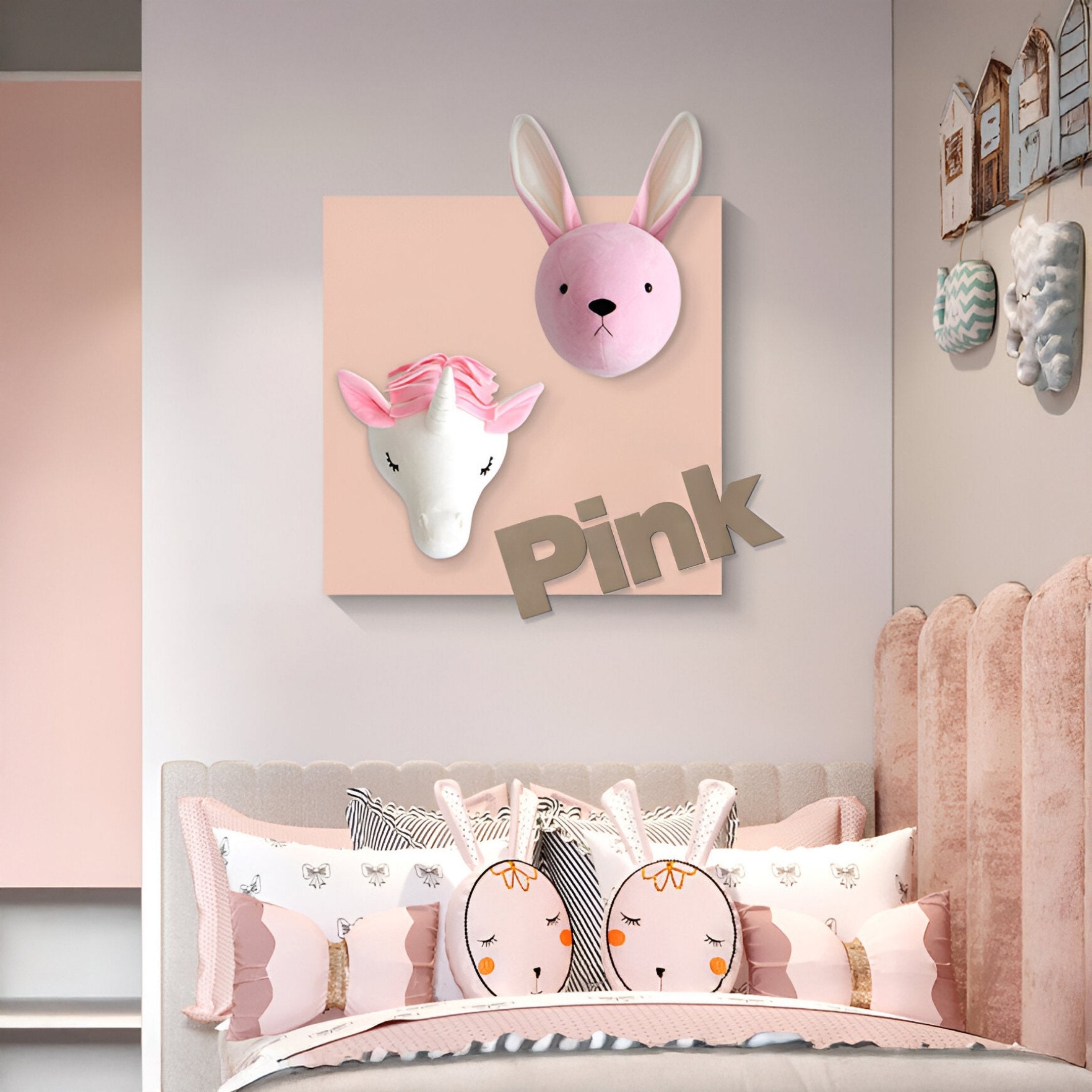 Animora Unicorn & Bunny Pink Kids Plush 3D Wall Art