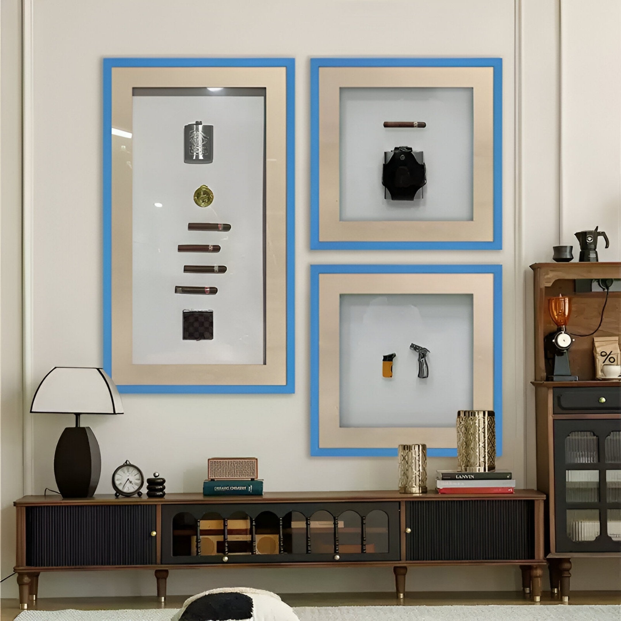 Vitara 3-Set Silver Flask & Gold Seal Cigar Framed 3D Wall Art