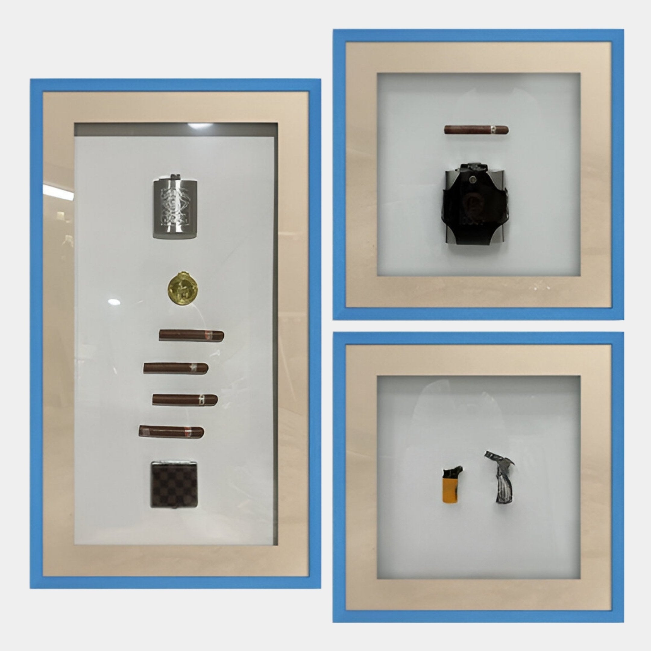 Vitara 3-Set Silver Flask & Gold Seal Cigar Framed 3D Wall Art