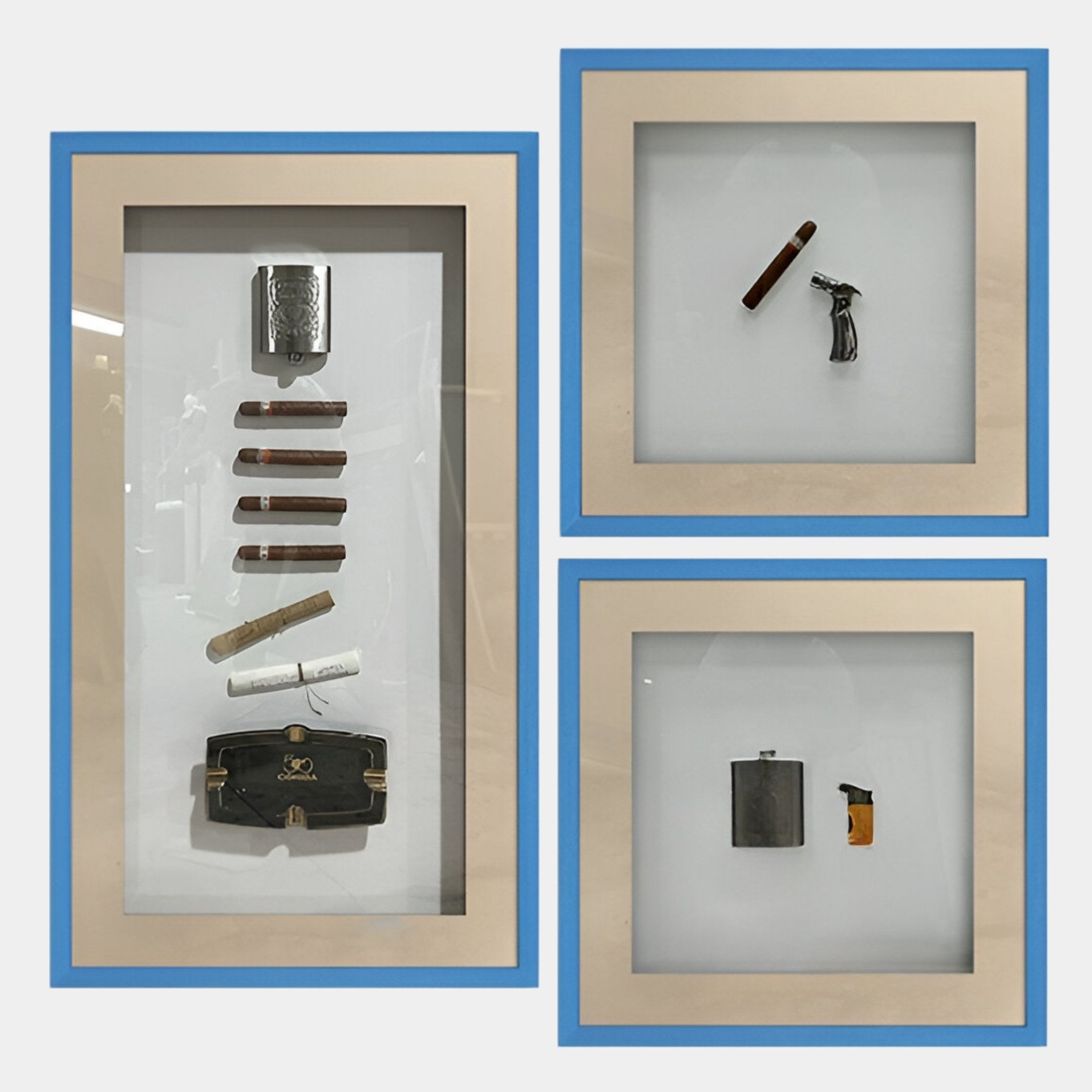 Vitara 3-Set Silver Flask & Cigar Framed 3D Wall Art
