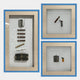 The Vitara 3-Set Silver Flask & Cigar Framed 3D Wall Art by Giant Sculptures features three blue-framed shadow boxes with 3D cigar, lighter, pipe, flask decor and accessories on white backgrounds with beige mats.