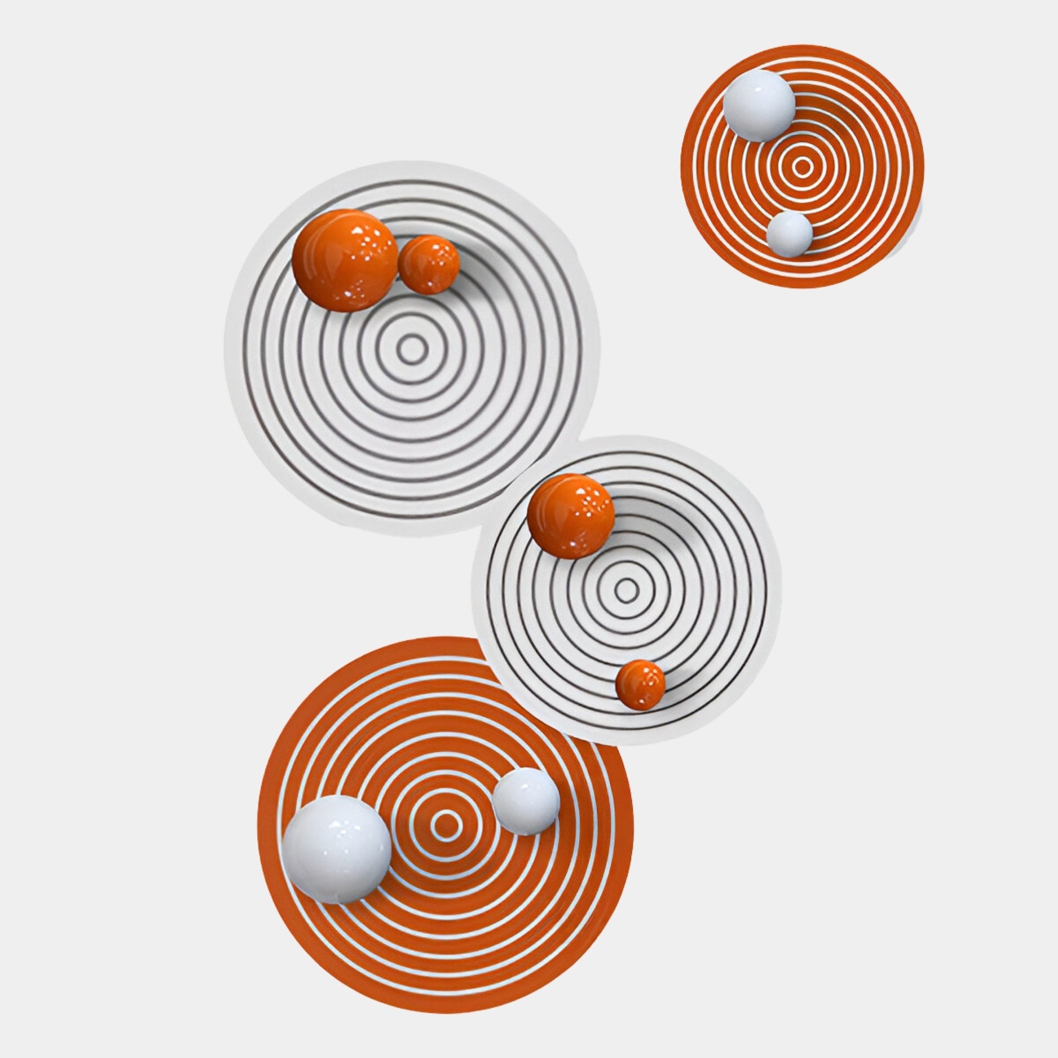 The Orbiora Orange & White Orb 4-Panel Concentric Sphere 3D Wall Art by Giant Sculptures features concentric orange and black targets with white and orange orbs, including a smaller target, on a white background.