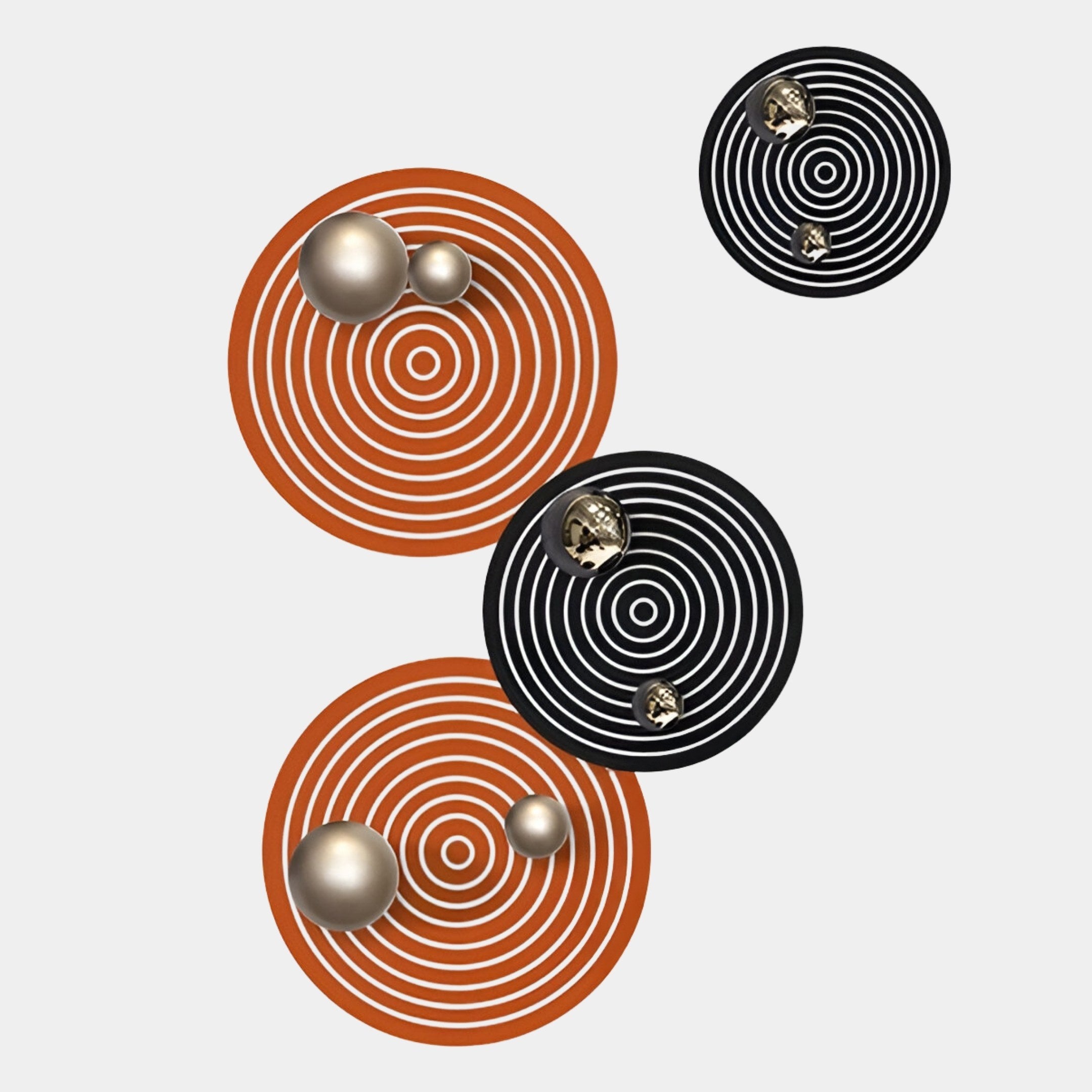 Orbiora Orange & Black 4-Panel Concentric Sphere 3D Wall Art by Giant Sculptures features four concentric circle designs in orange and black, accented with metallic spheres on a light gray background—a unique pick for modern decor.
