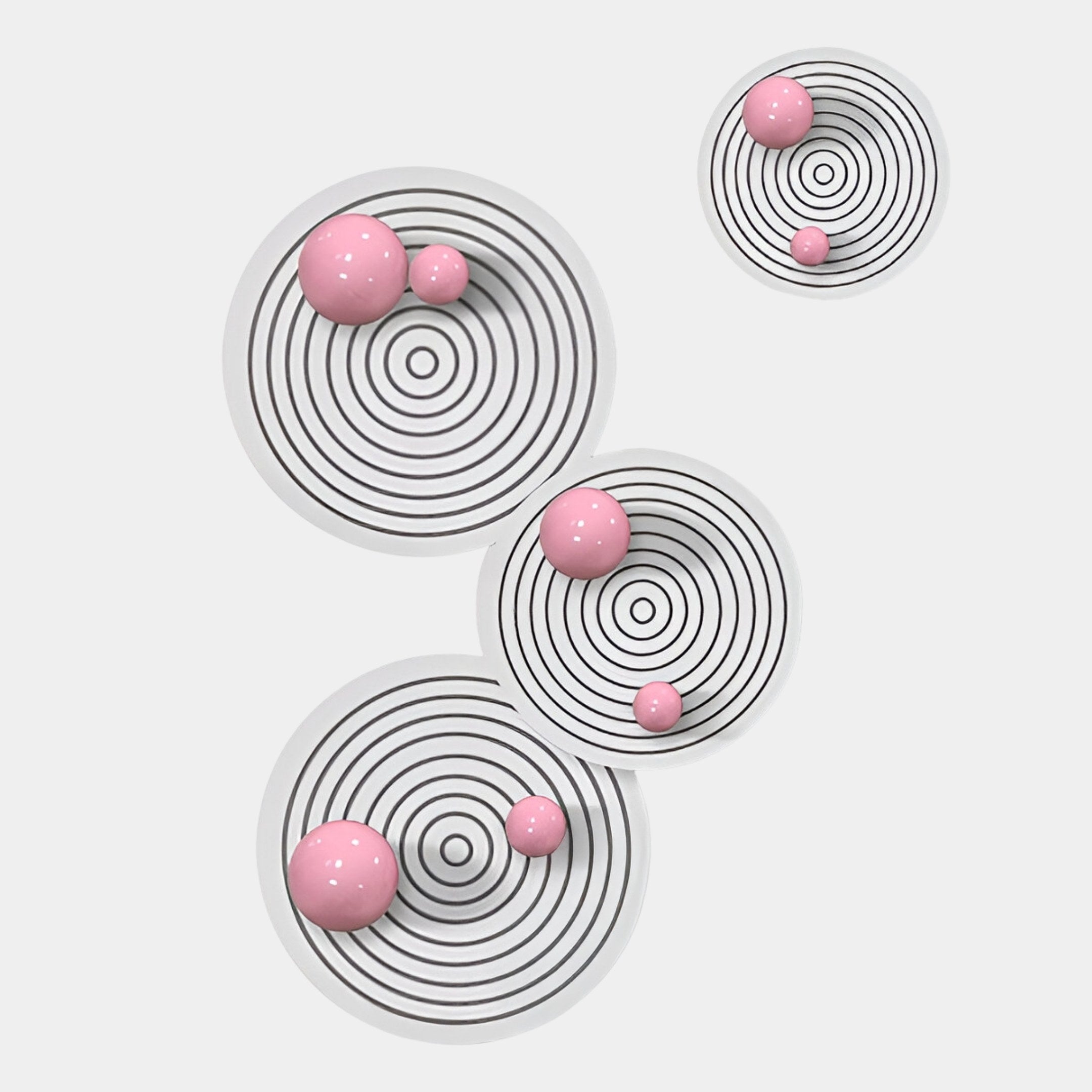 Orbiora Pink Orb 4-Panel Concentric Sphere 3D Wall Art by Giant Sculptures features black concentric circles and glossy pink spheres on white, creating striking modern décor for any space.