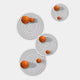 The Orbiora Orange Orb 4-Panel Concentric Sphere 3D Wall Art by Giant Sculptures features four white panels with black rings and glossy orange orbs, creating a bold, modern display against a plain white background.