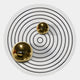 The Orbiora III Gold Duo Concentric Sphere 3D Wall Art by Giant Sculptures features two reflective gold spheres of varying sizes on a white surface with black concentric circles, creating a striking modern optical illusion.