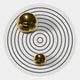 Orbiora IV Gold Duo Concentric Sphere 3D Wall Art by Giant Sculptures features two reflective golden spheres on a white surface with black concentric circles, creating a minimalist illusion—perfect for modern luxury decor.