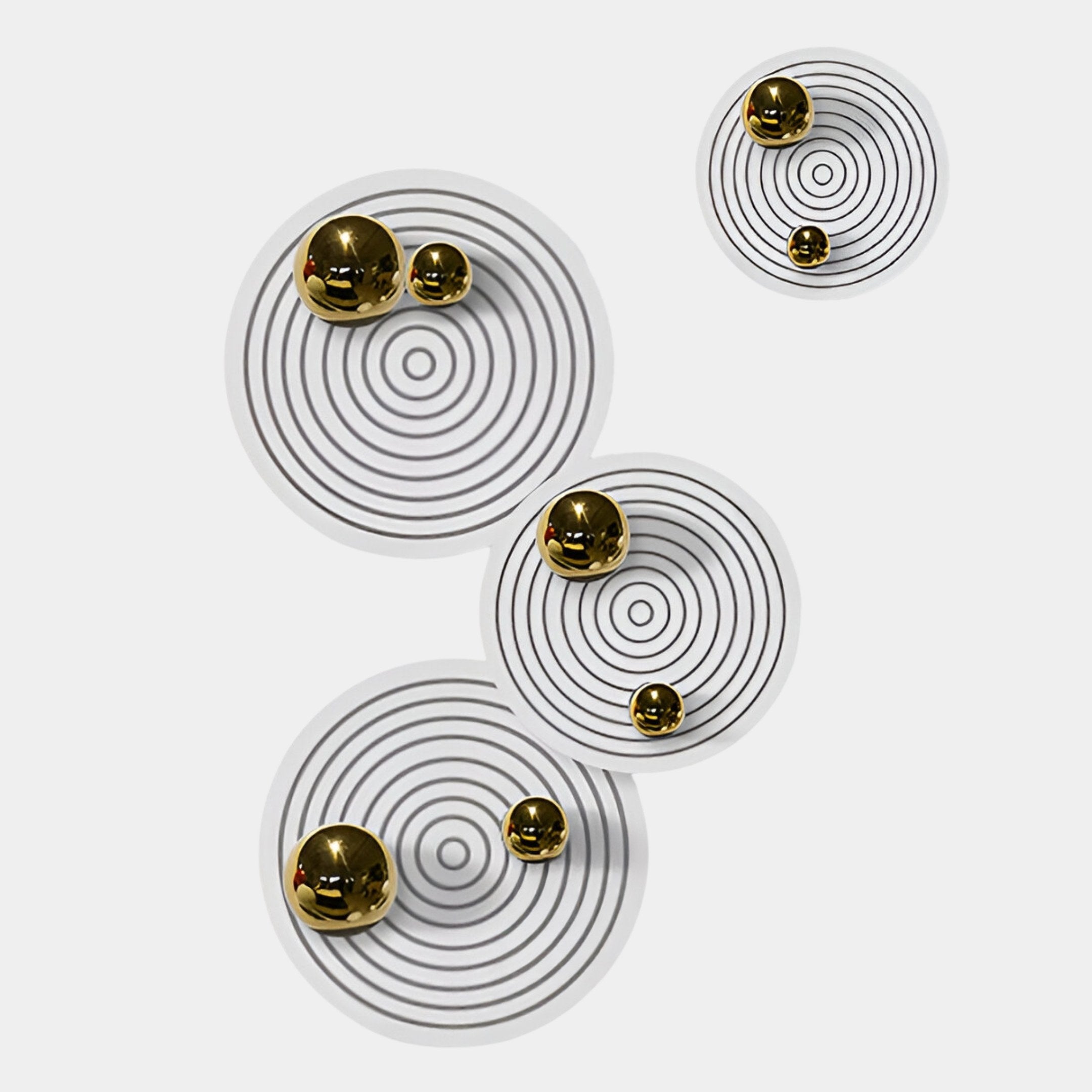 The Orbiora Gold Orb 4-Panel Concentric Sphere 3D Wall Art by Giant Sculptures features golden spheres on black concentric circles atop a white background, creating striking modern wall decor with sculptural flair.