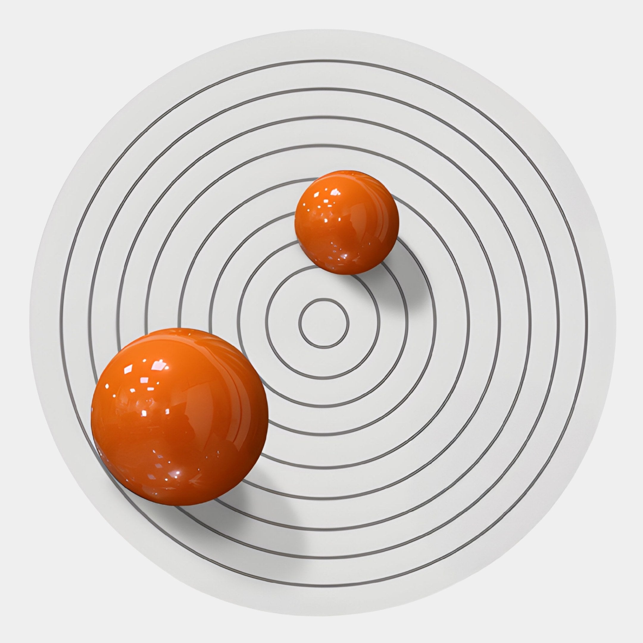 The Orbiora III Orange Duo Concentric Sphere 3D Wall Art by Giant Sculptures features two shiny orange spheres on a white surface with black concentric circles, creating bold modern geometric wall decor.