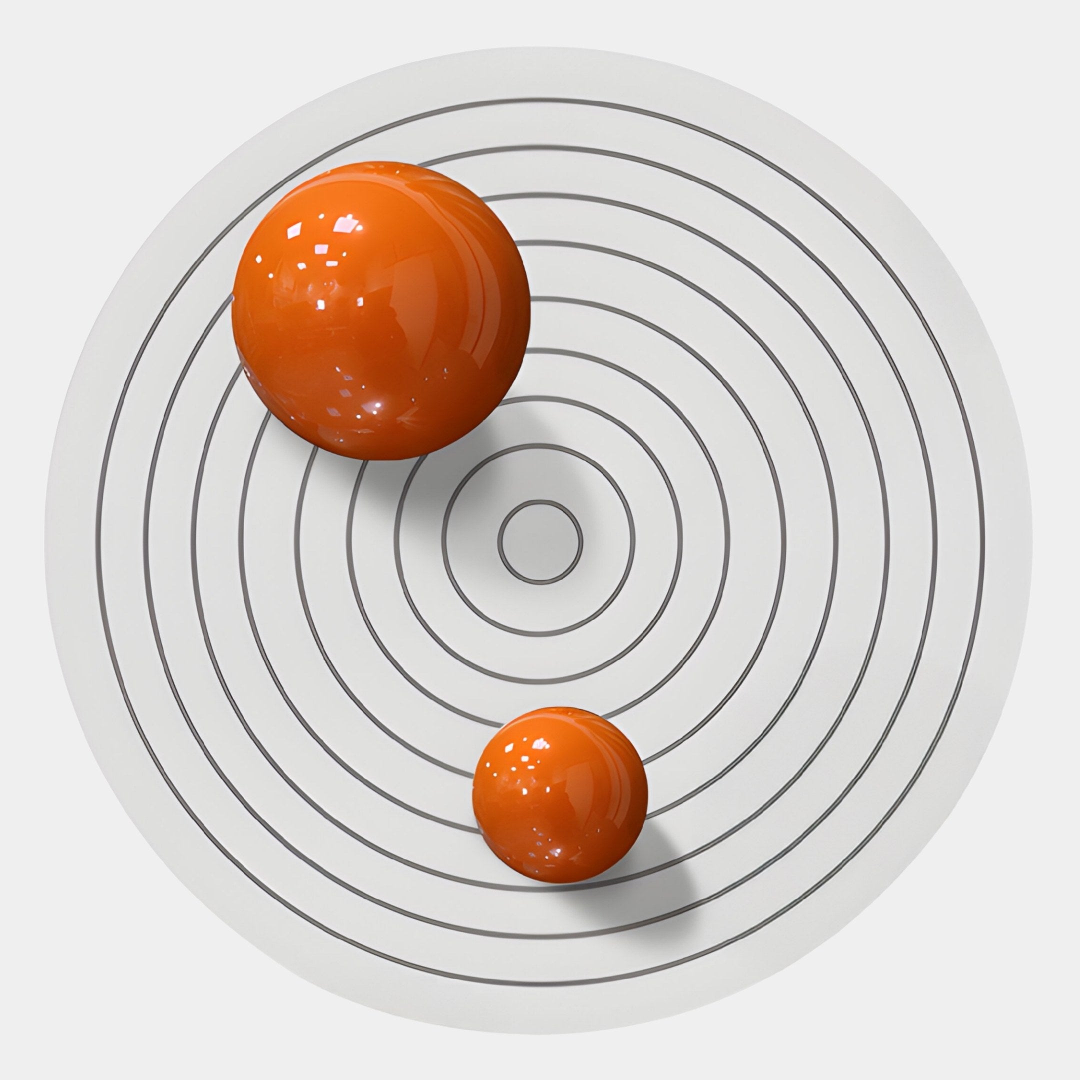 The Orbiora IV Orange Duo Concentric Sphere 3D Wall Art by Giant Sculptures features two glossy orange spheres of varying sizes on a white surface with black concentric circles, making it ideal for contemporary interiors.
